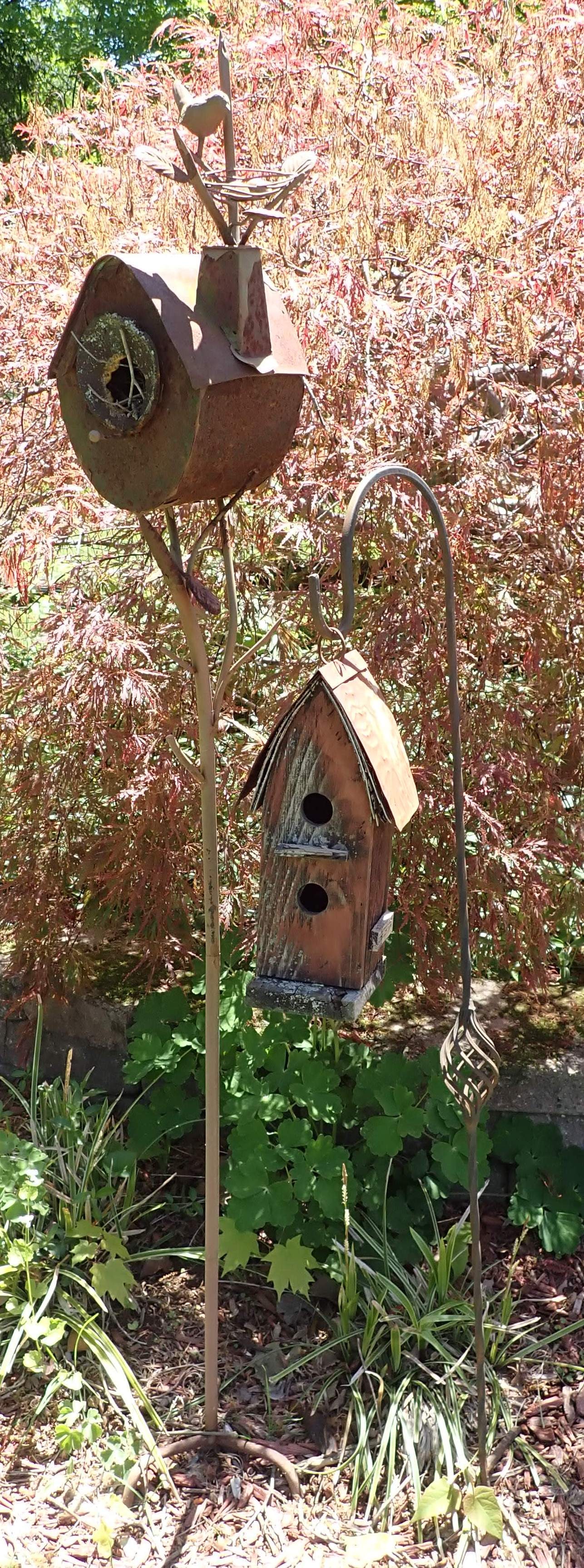 Birdhouses: Tallest is approx 56 1/2" tall and all tin/light iron. Right one is tin and wood. No in house shipping !