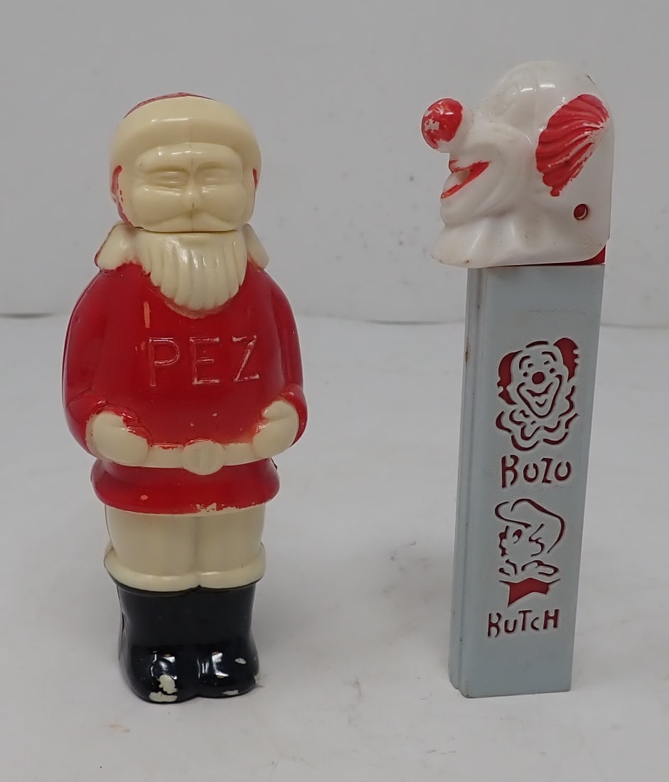 Santa & Bozo Pez Dispensers: Tallest is approx 4" tall. Shipping available