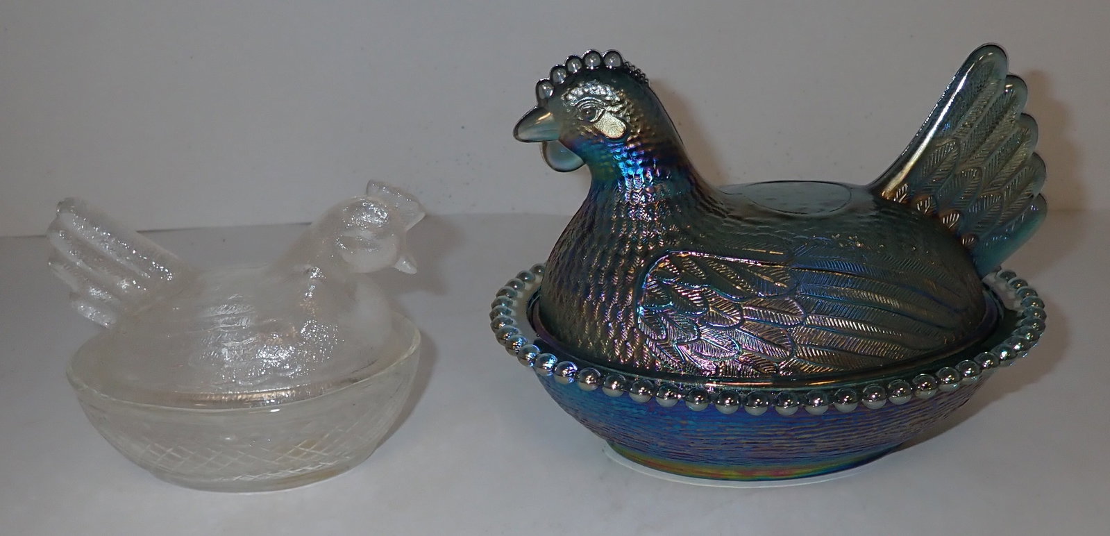 2 Hen on Nests Candy Dishes: Largest is approx 5 1/2" x 7" x 5 1/4" tall. Small one was made in Taiwan. Shipping available