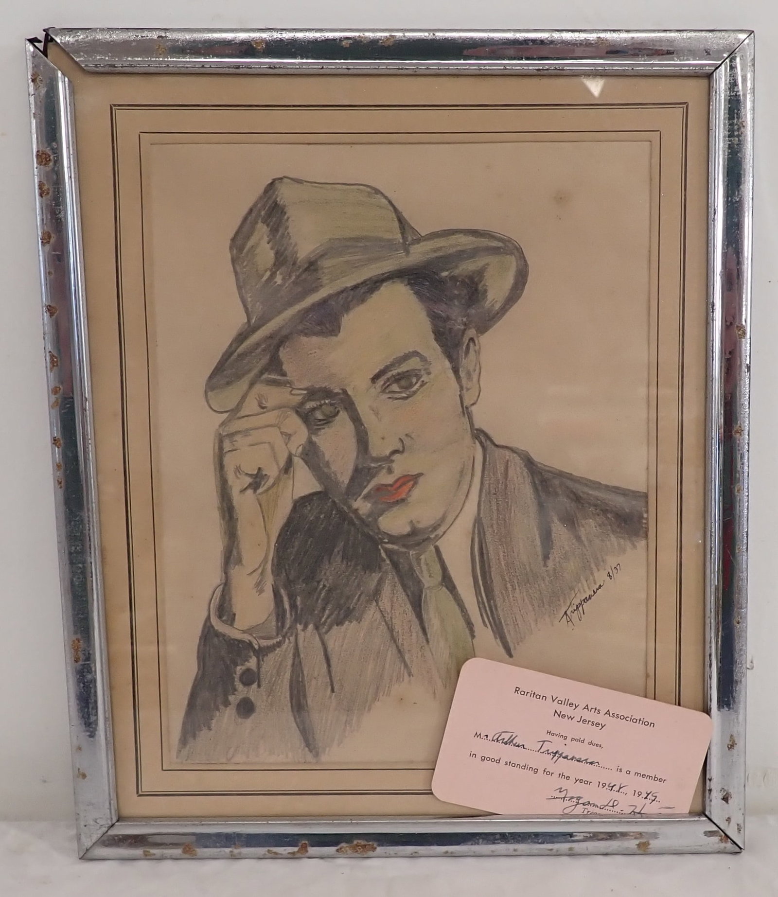 1937 Art Trippanera Drawing of Man: Approx 10 1/4" x 12 1/4". Comes with Raritan Valley Arts Association of New Jersey Card. Shipping available
