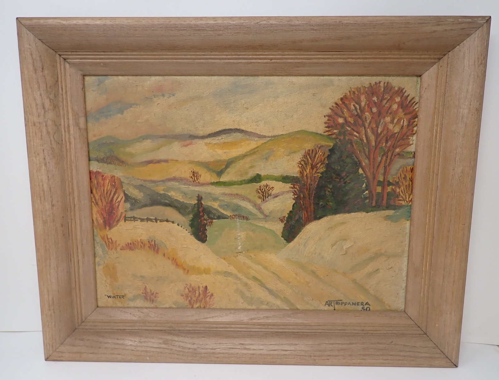1950 Art Trippanera Winter Landscape Oil on Board Painting: Approx 15 3/4" x 20". Shipping available