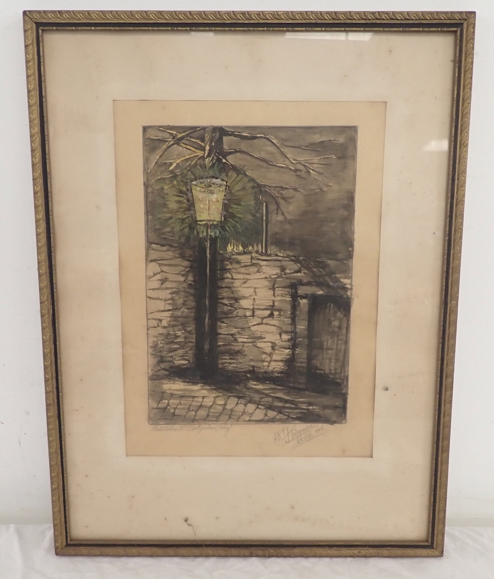1945 Art Trippanera Christmas in Belgium Watercolor: Approx 12 7/8" x 16 7/8". Shipping available