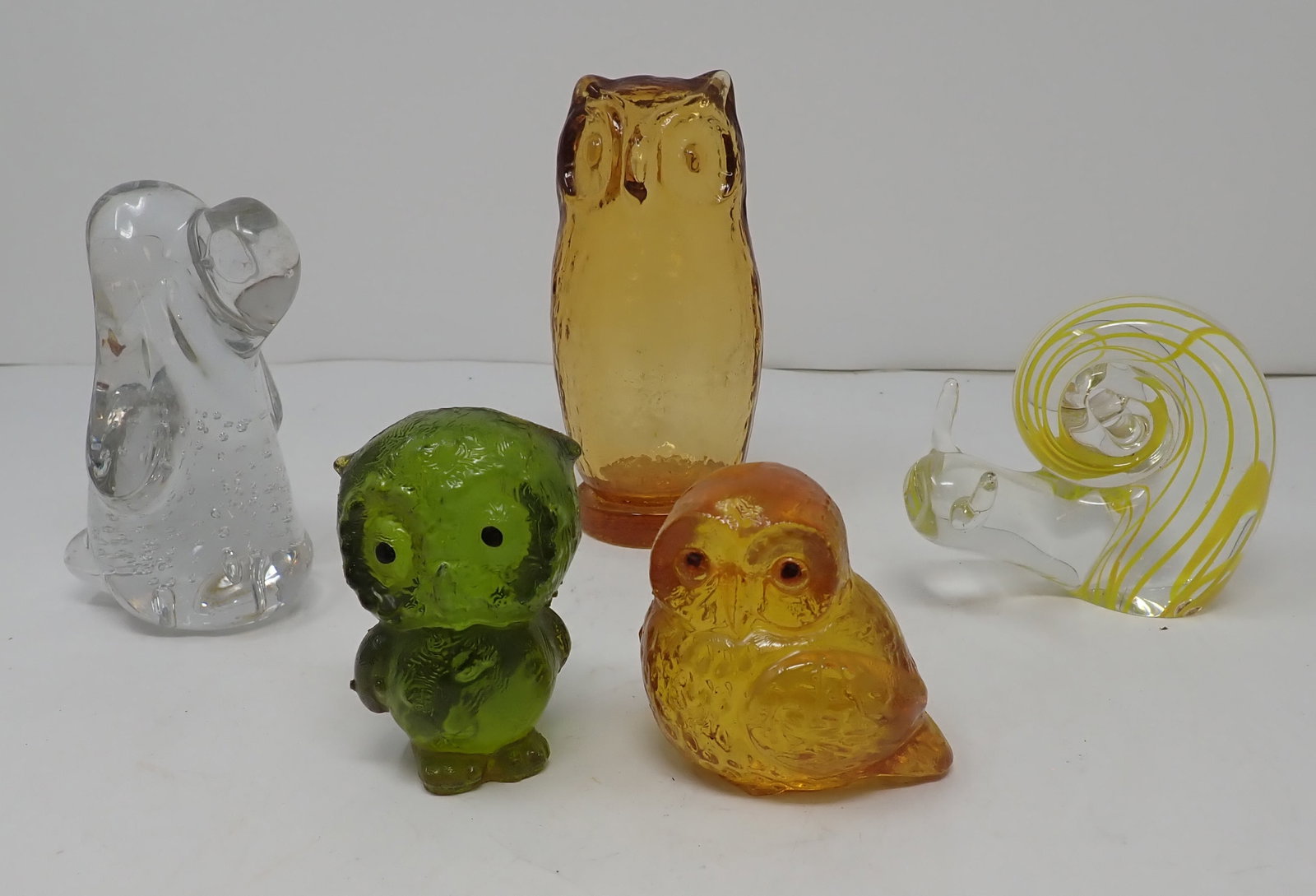 Glass & Lucite Figures incl Snail, Owl, & Dog: Tallest is approx 5 1/2". Two in front are lucite. Shipping available