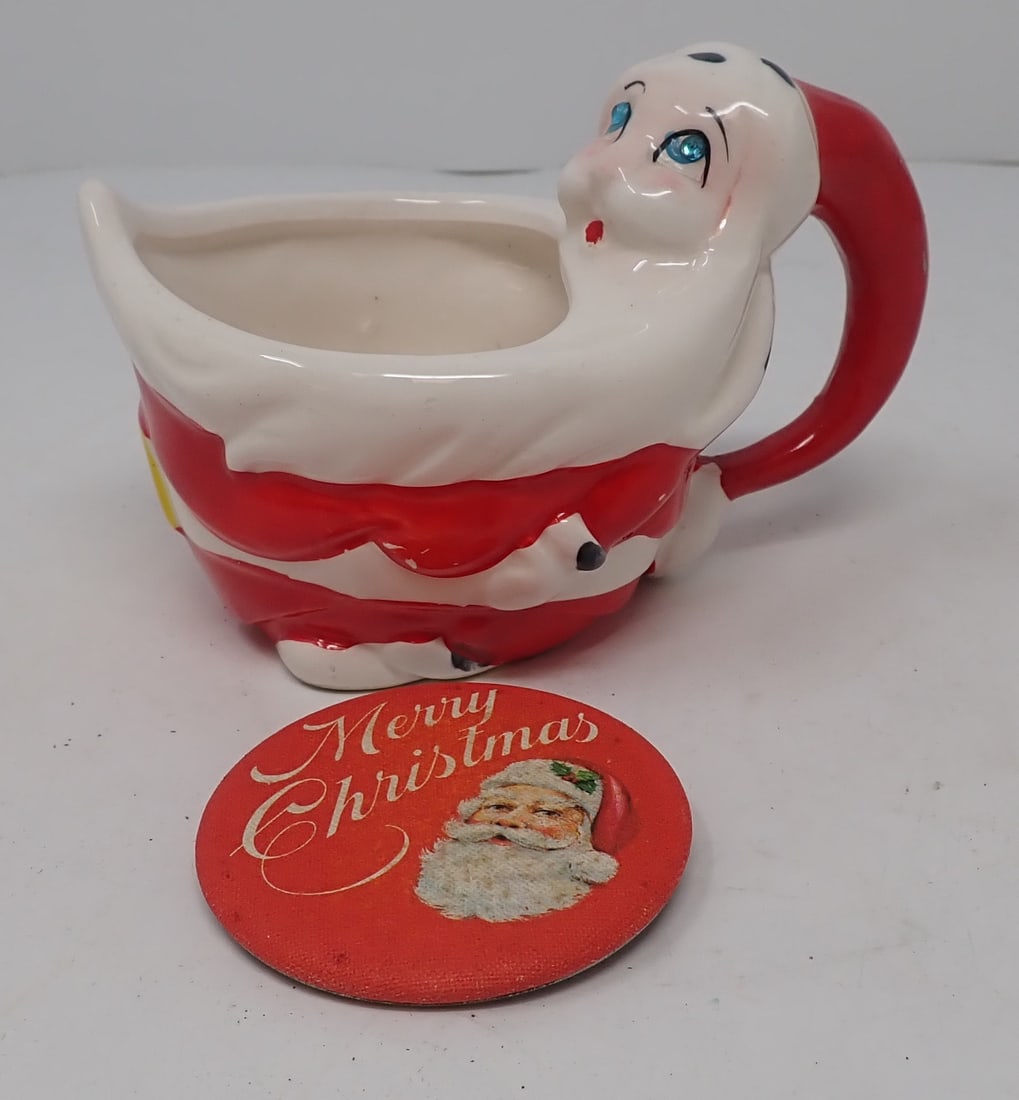 Santa Creamer & Pinback: Approx 3 3/8" tall. Shipping available