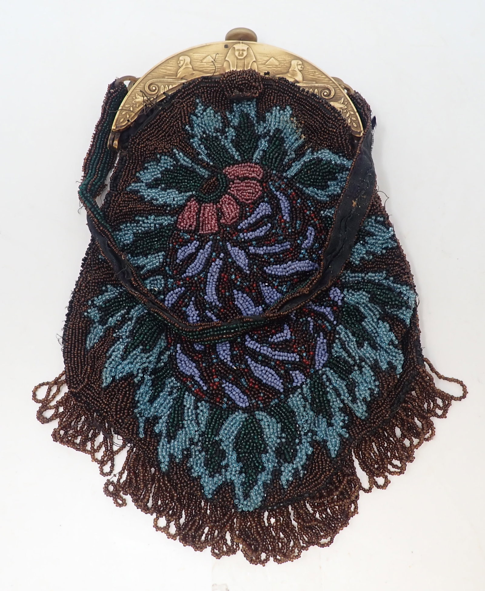 Beaded Evening Purse w/ Egyptian Revival Frame: Approx5 1/2" x 11 1/4". Shipping available