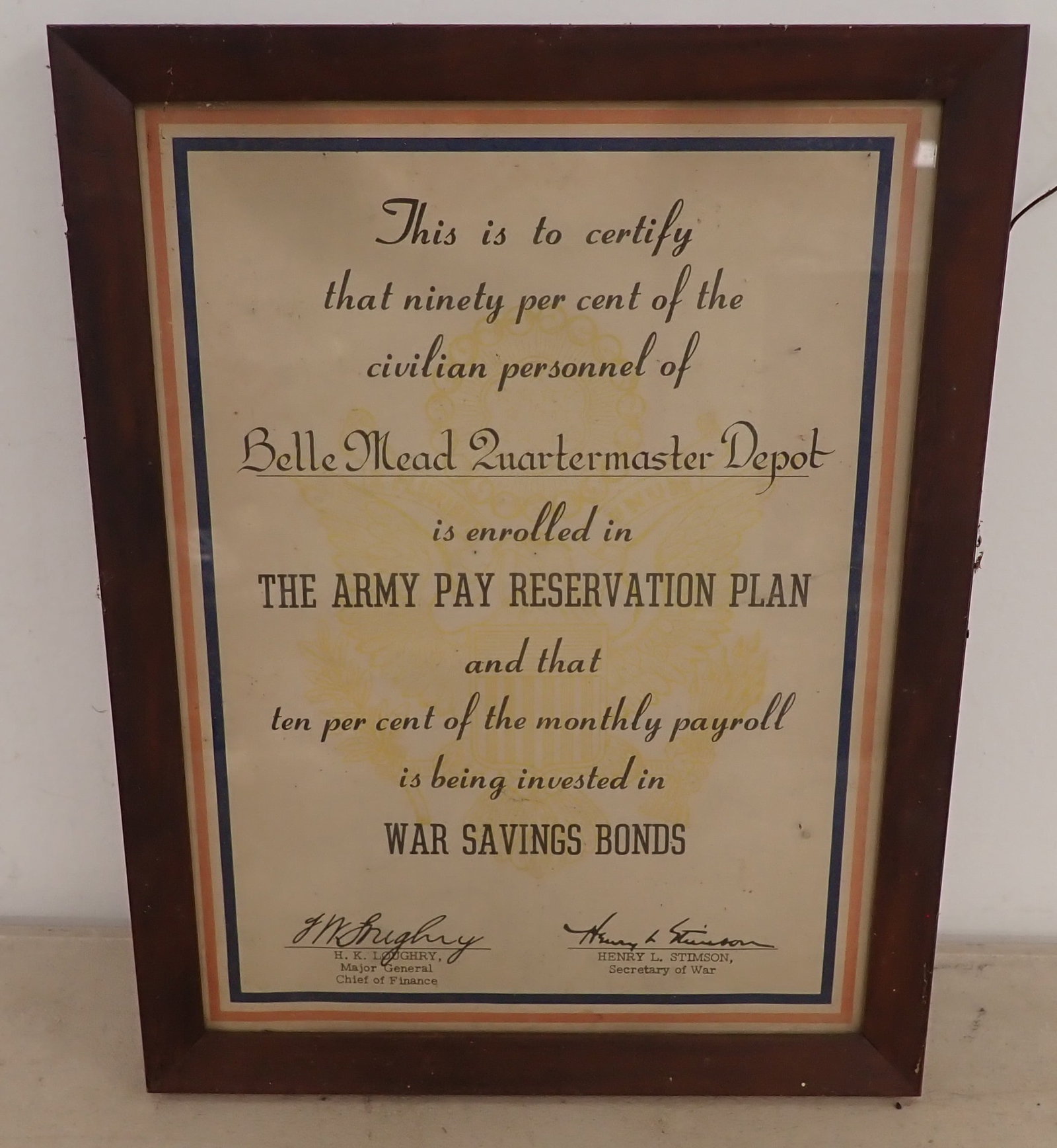 Belle Mead Army Pay Reservation Plan War Savings Bonds: Approx 10 1/2" x 13 1/2". Shipping available