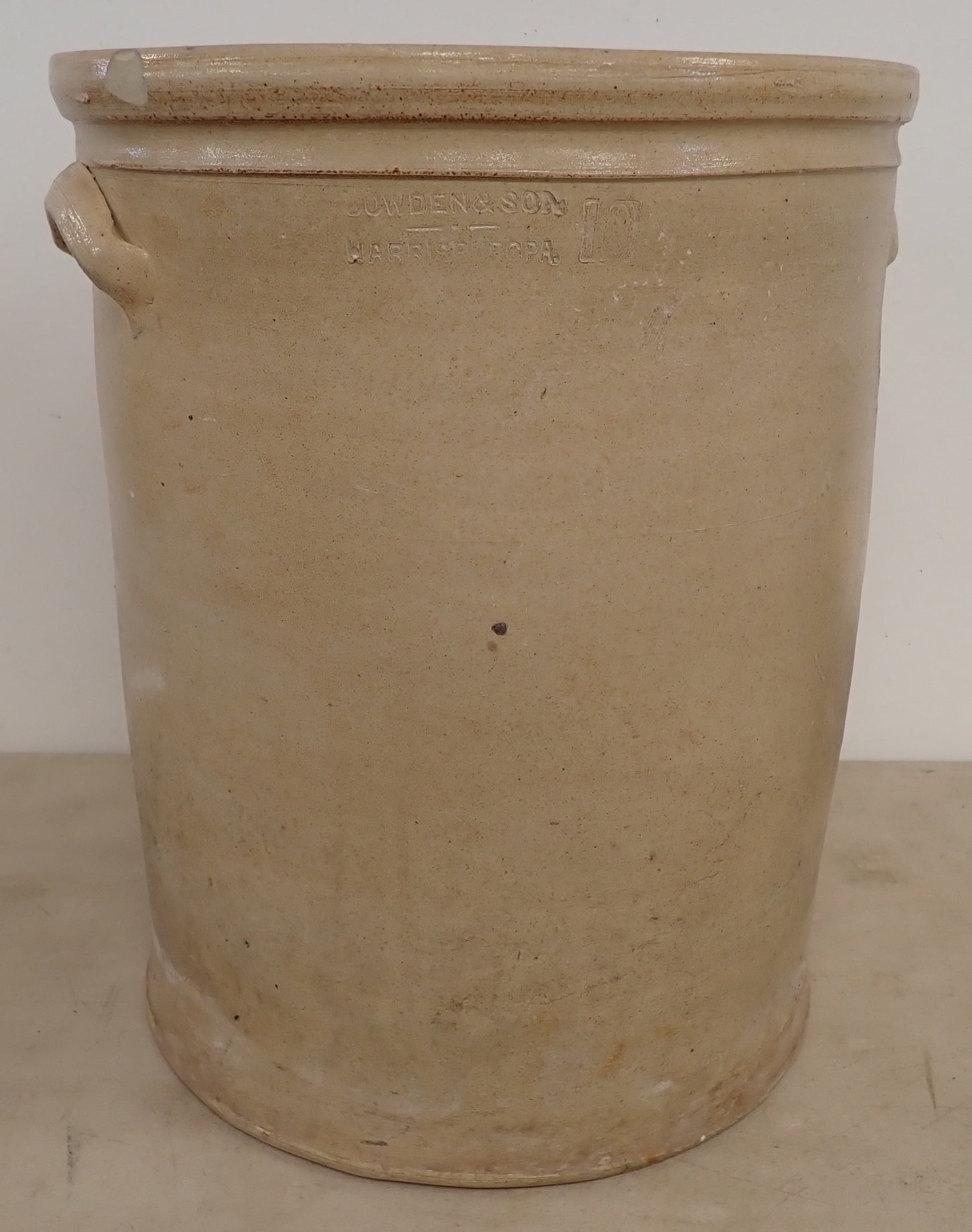 Cowden Harrisburg Pa Stoneware Crock: Approx 13 7/8" in diameter and 18" tall. No in house shipping !