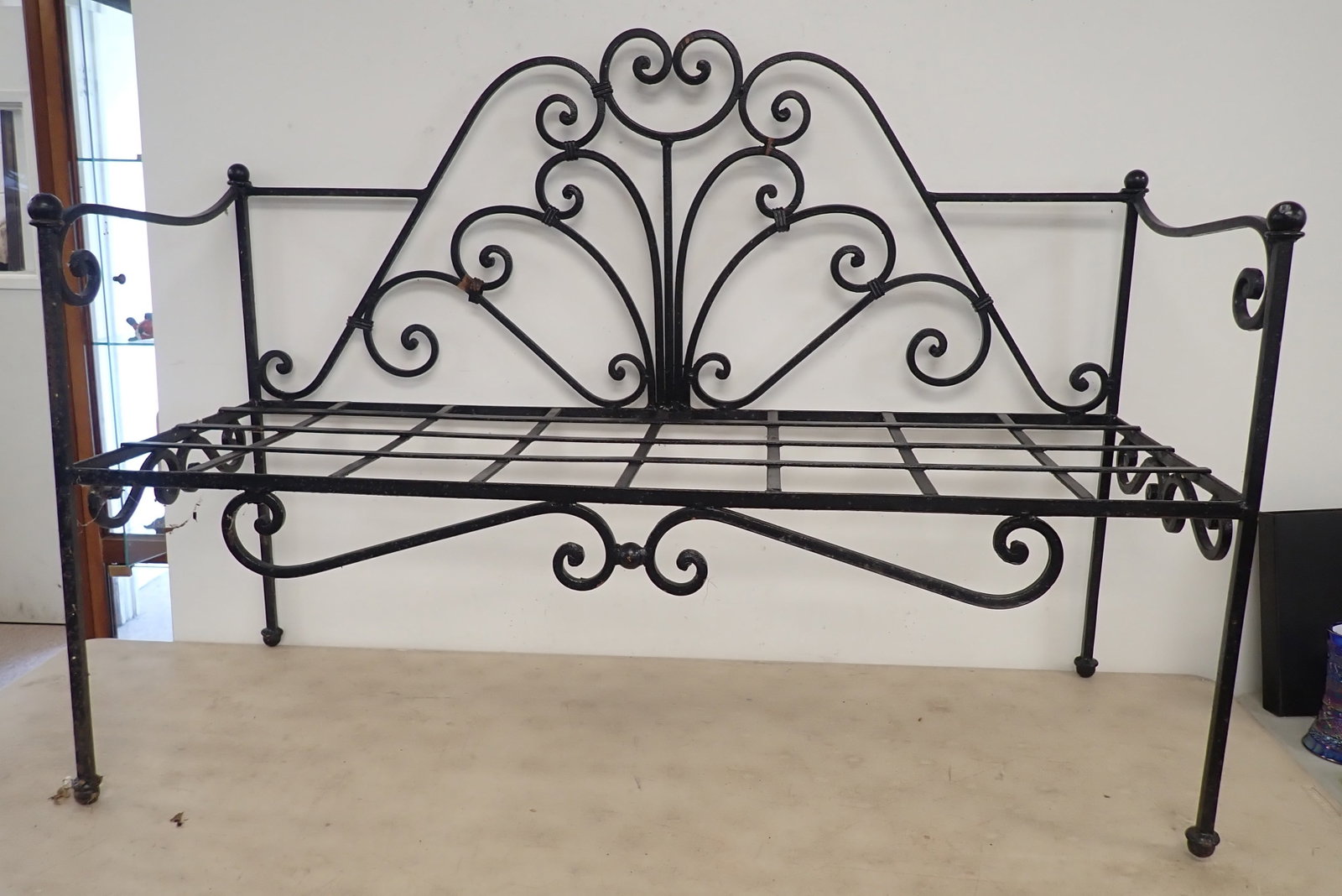 Wrought Iron Garden Bench: Approx 51 1/2" long, 16" to seat, 19 3/8" deep, and 37 1/4" tall. No in house shipping ! Bring help to load ! Pick up after 1pm only !