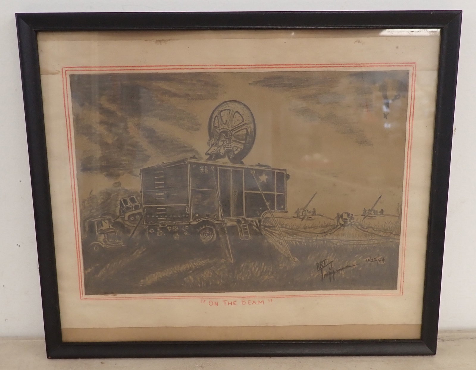 1944 Art Trippanera War Drawing: Titled - " On The Beam ". Approx 10 3/4" x 12 5/8". Shipping available