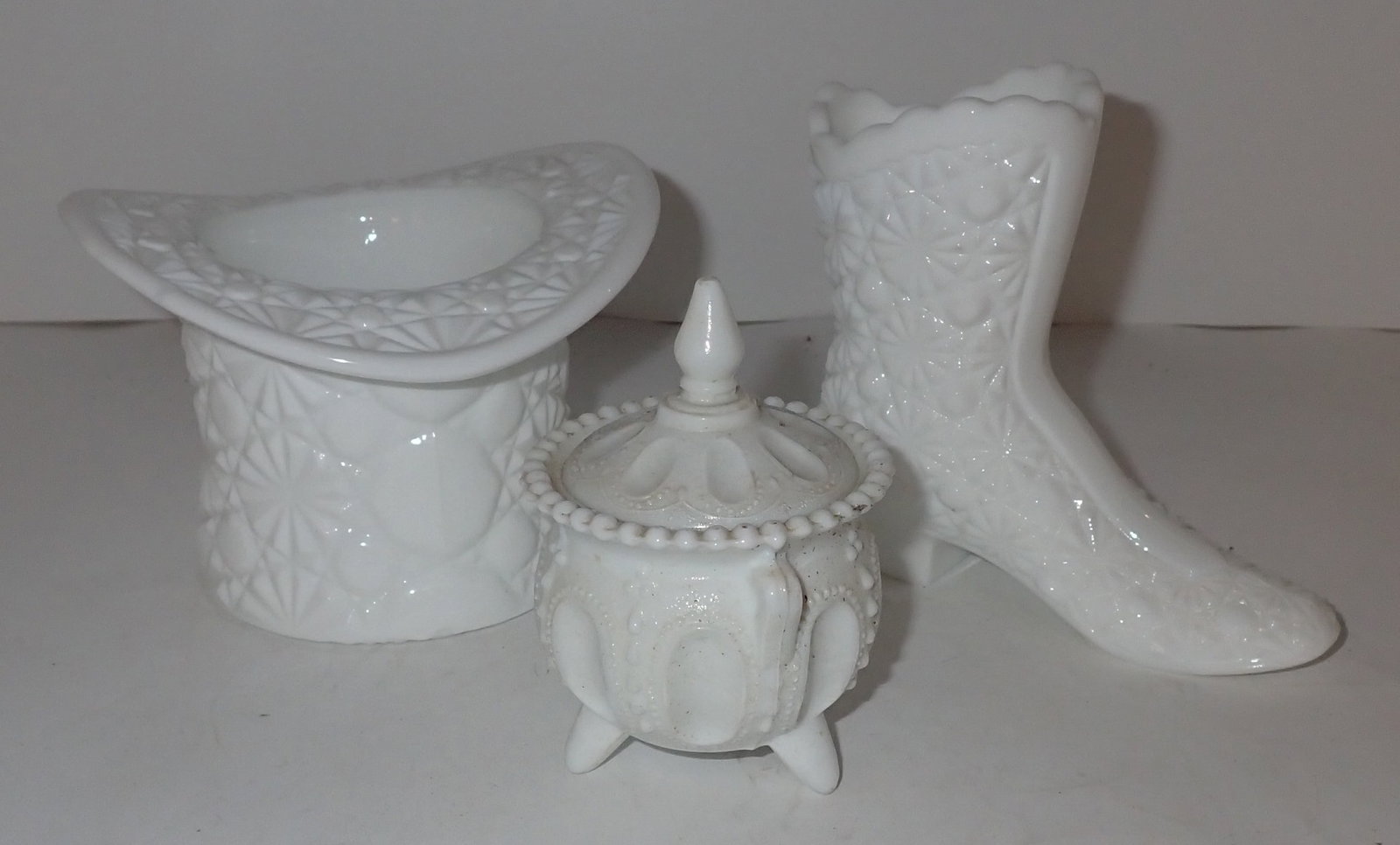 Milk Glass Hat, Boot, & Footed Jar: Boot is approx 4 1/4" tall. Shipping available