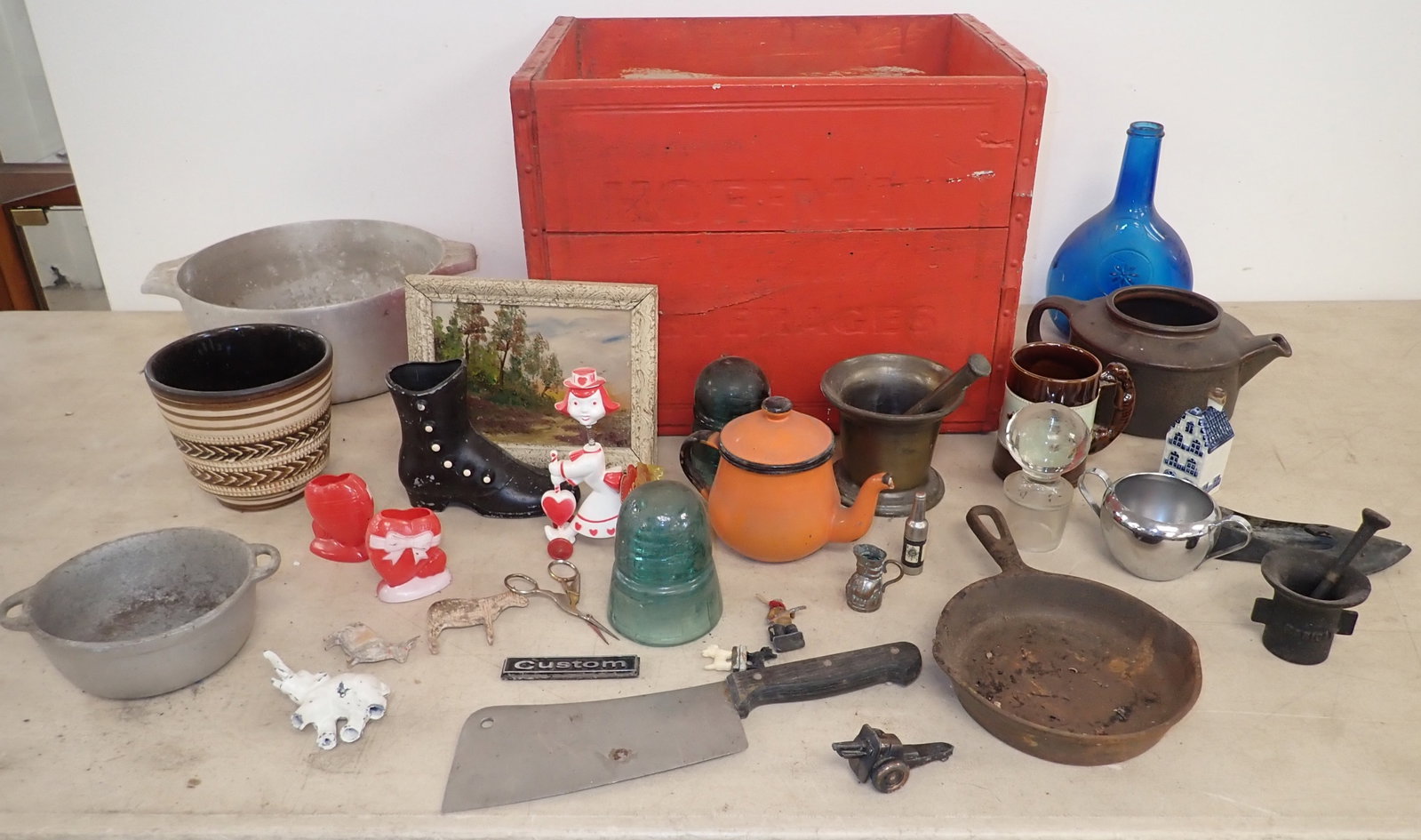 Wooden Crate, Oil on Board Painting, Mortar & Pestles , Misc: NO in house shipping !