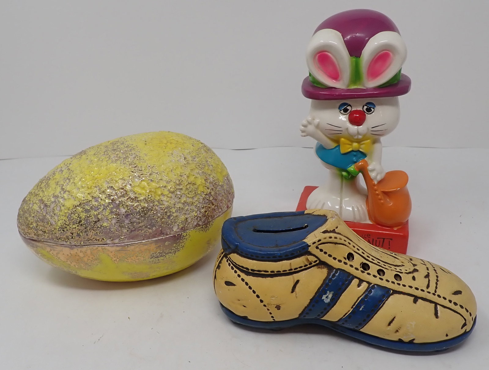 American Greetings Bunny, Ceramic Sneaker Bank & Egg: Tallest is approx 7" tall. Shipping available