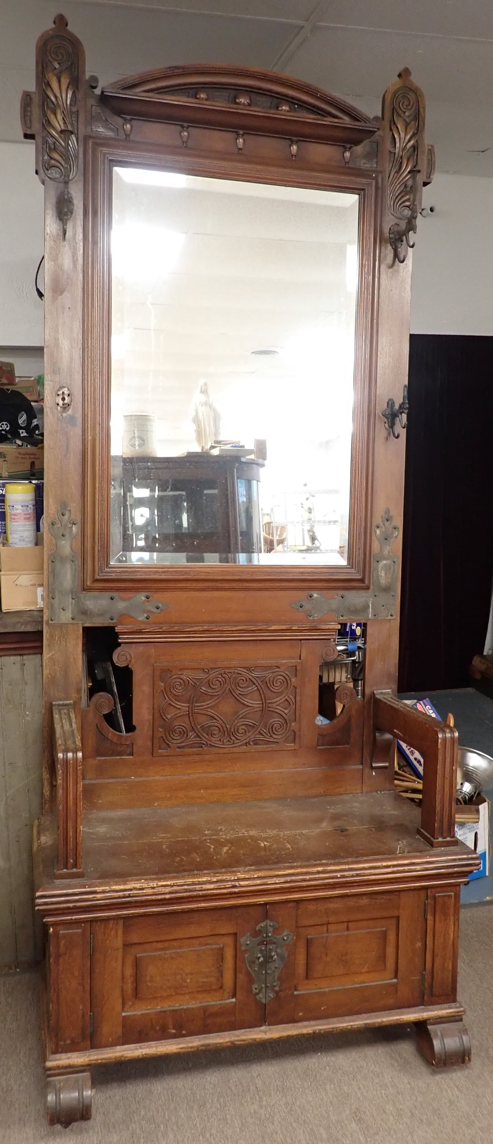 Oak Hall Rack: Apprx 18" x 35 1/8" x 89" tall and has beveled mirror. No in house shipping ! Bring proper help to load !