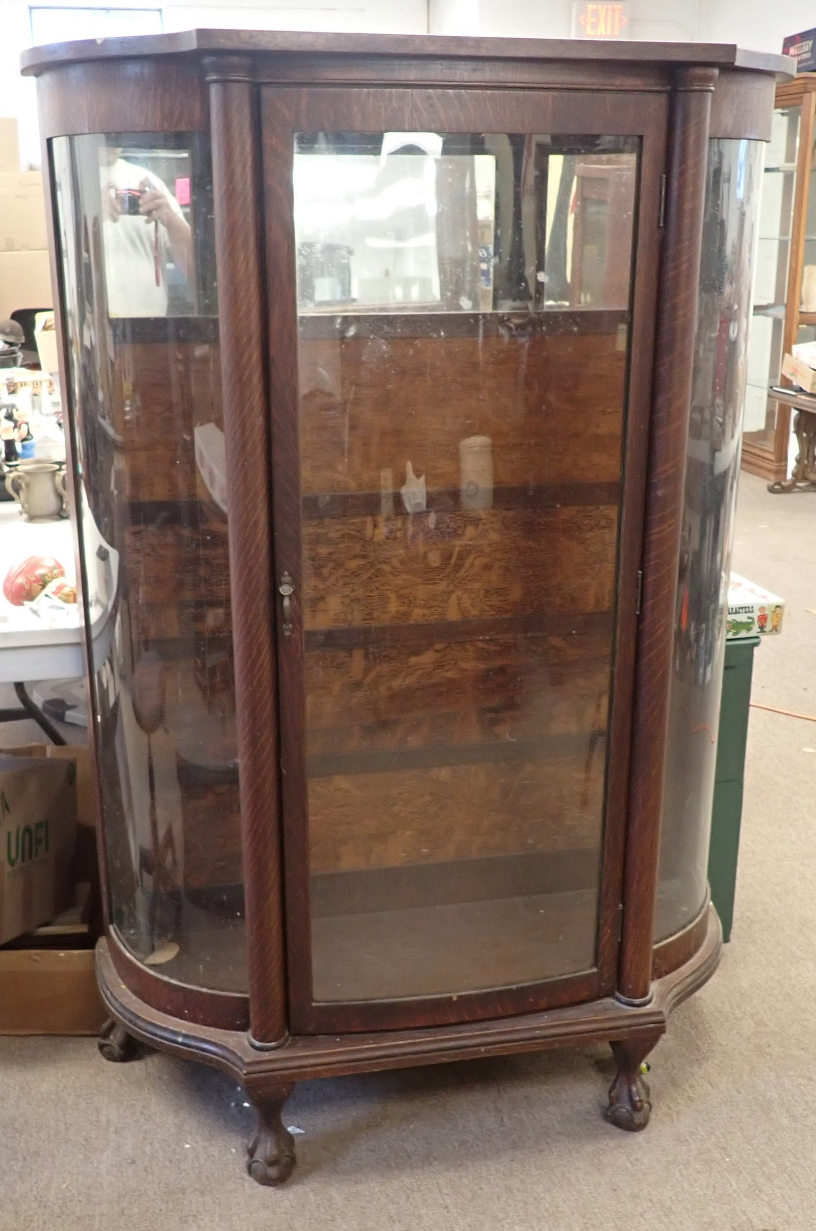 Oak Bow Front China Closet: Apprx 15 3/4" x 42 3/4" x 62 1/4" tall. Comes with 3 shelves. No in house shipping ! Bring proper help to remove !