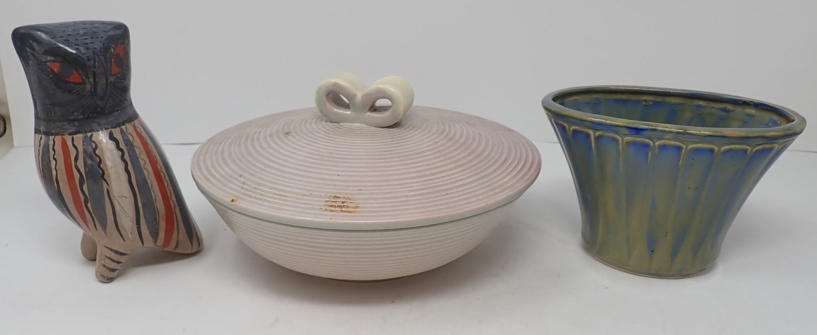 Karlsruhe Covered Dish , Pottery Owl & Vase: Covered dish is approx 8" in diameter and 4 1/2" tall. Shipping available