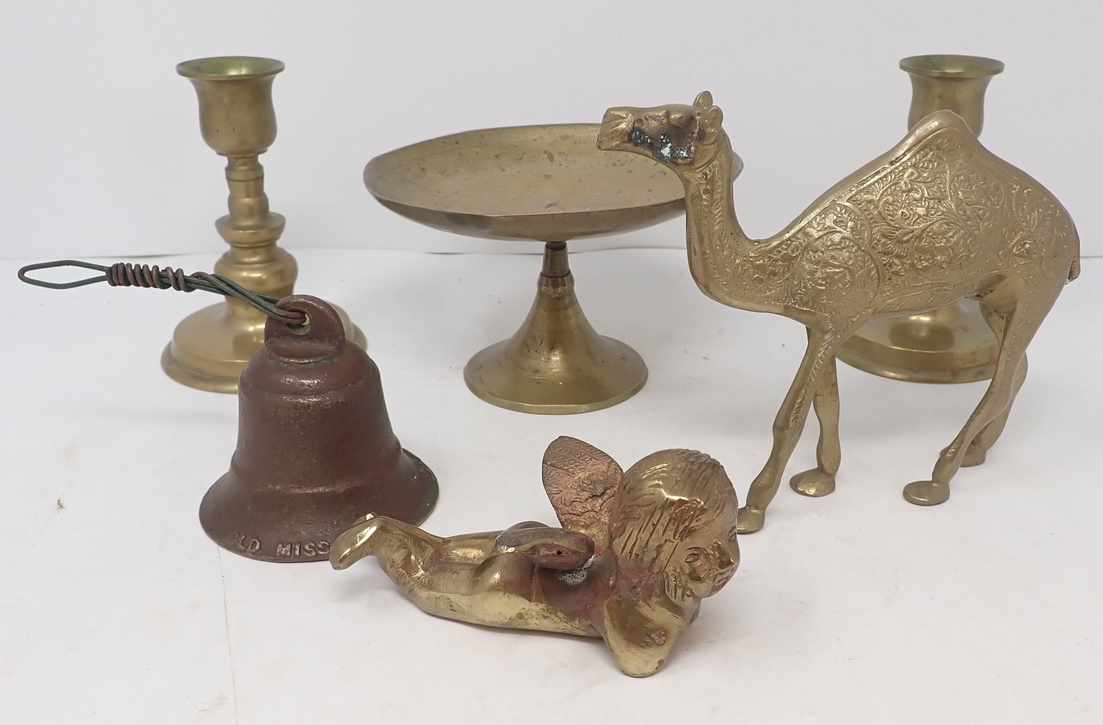 Brass Candlesticks, Camel , Cherub, Old Missouri Bell (1 of 2)