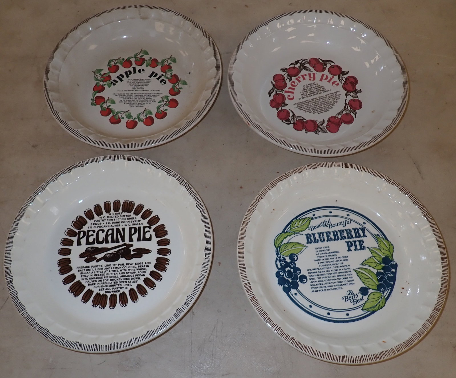 1983 Country Harvest Royal China Pie Plates: Approx 11" in diameter and 2" tall. Two have logo on bottom. Shipping available