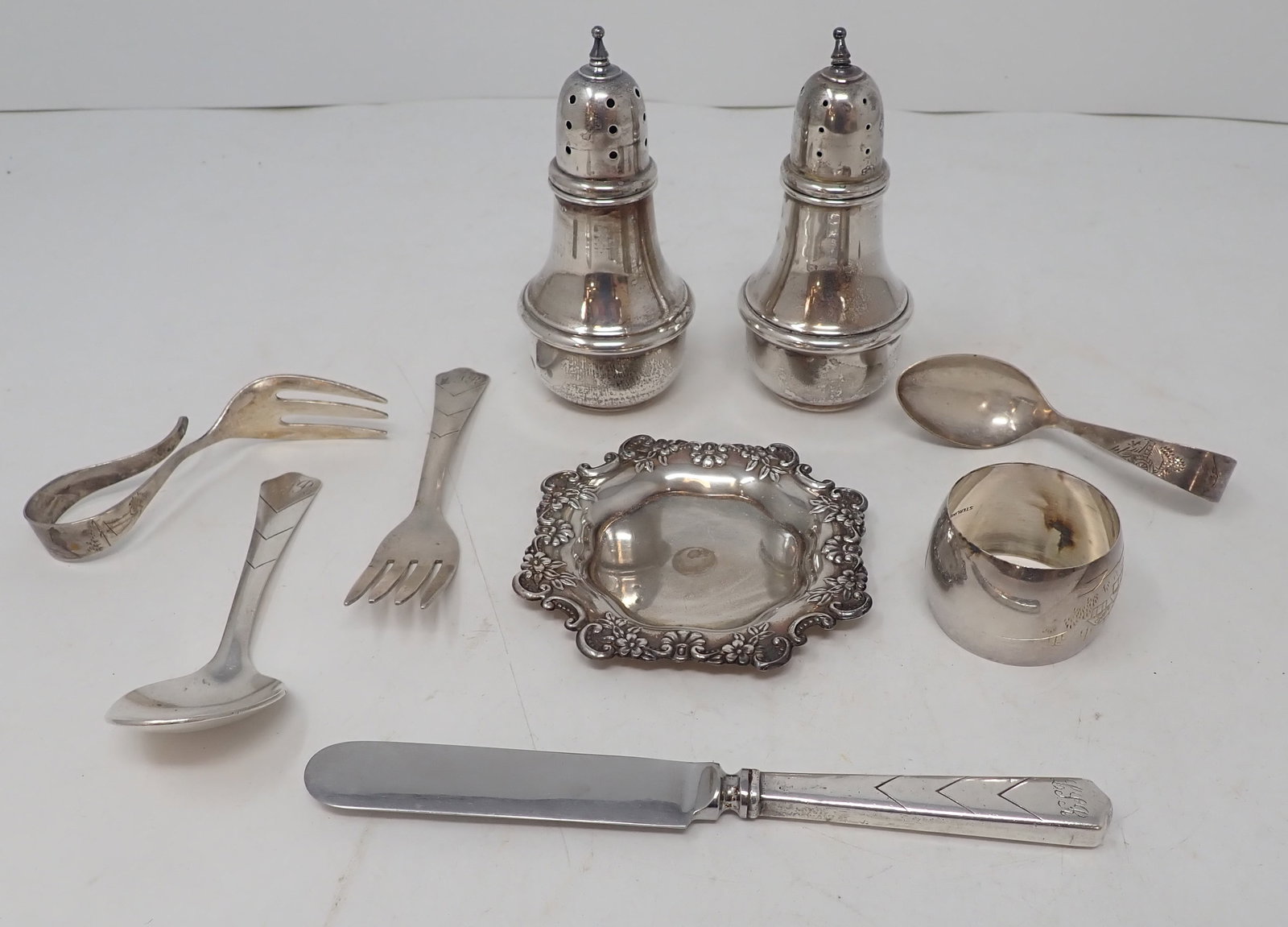 Sterling Silver Salt & Peppers Shakers, Tray, Childs Forks / Spoons (1 of 4)