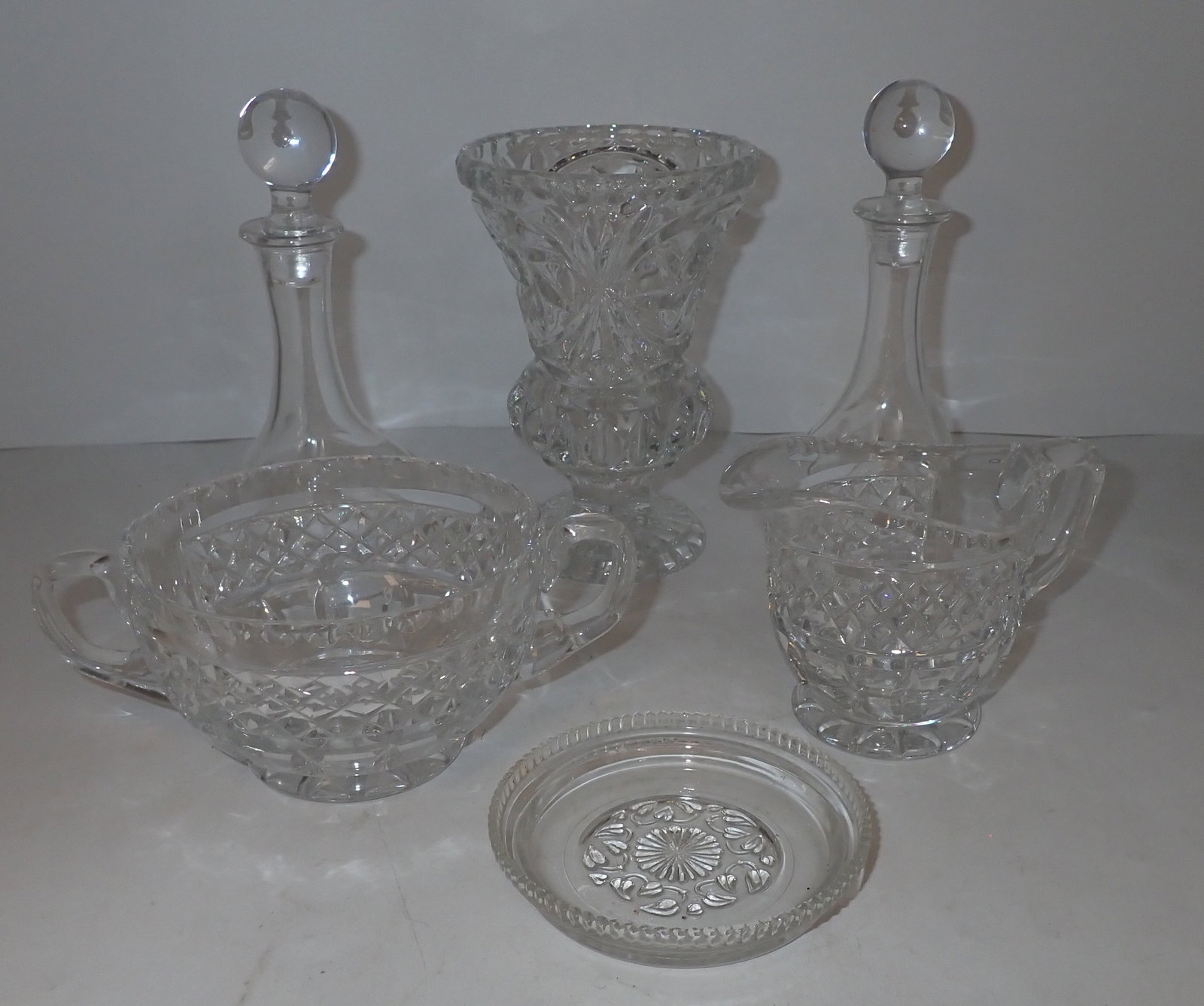 Crystal Cruets, Creamer, Sugar, Vase, & Tray: Tallest is approx 6 1/4" tall. Shipping available ($20 handling charge, plus postage)
