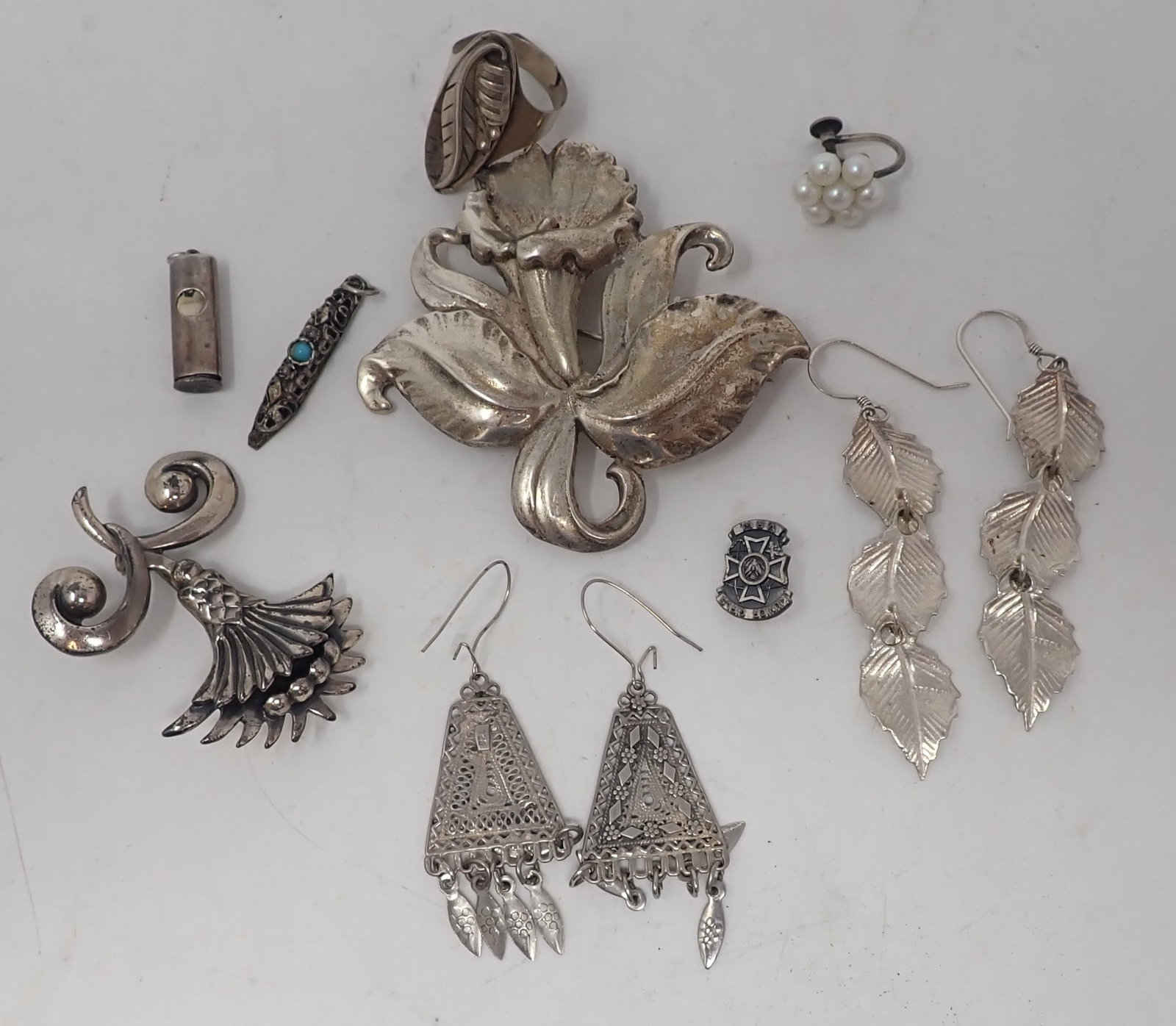 Sterling Silver / & Silver Brooch, Earrings, Pendants, Ring, & Misc: Largest brooch is approx 2 3/8" x 2 1/4". Shipping available