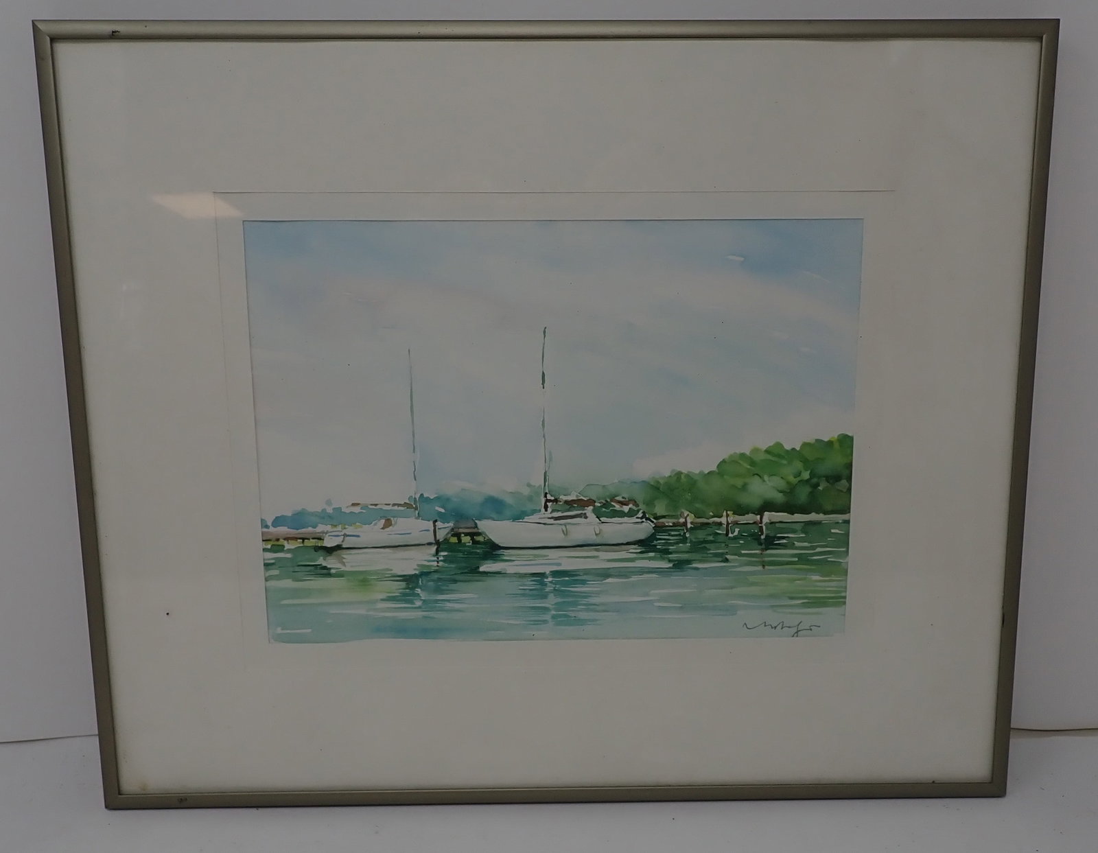Signed Harbor Scene Watercolor: Approx 10 7/8" x 13 1/8". Shipping available