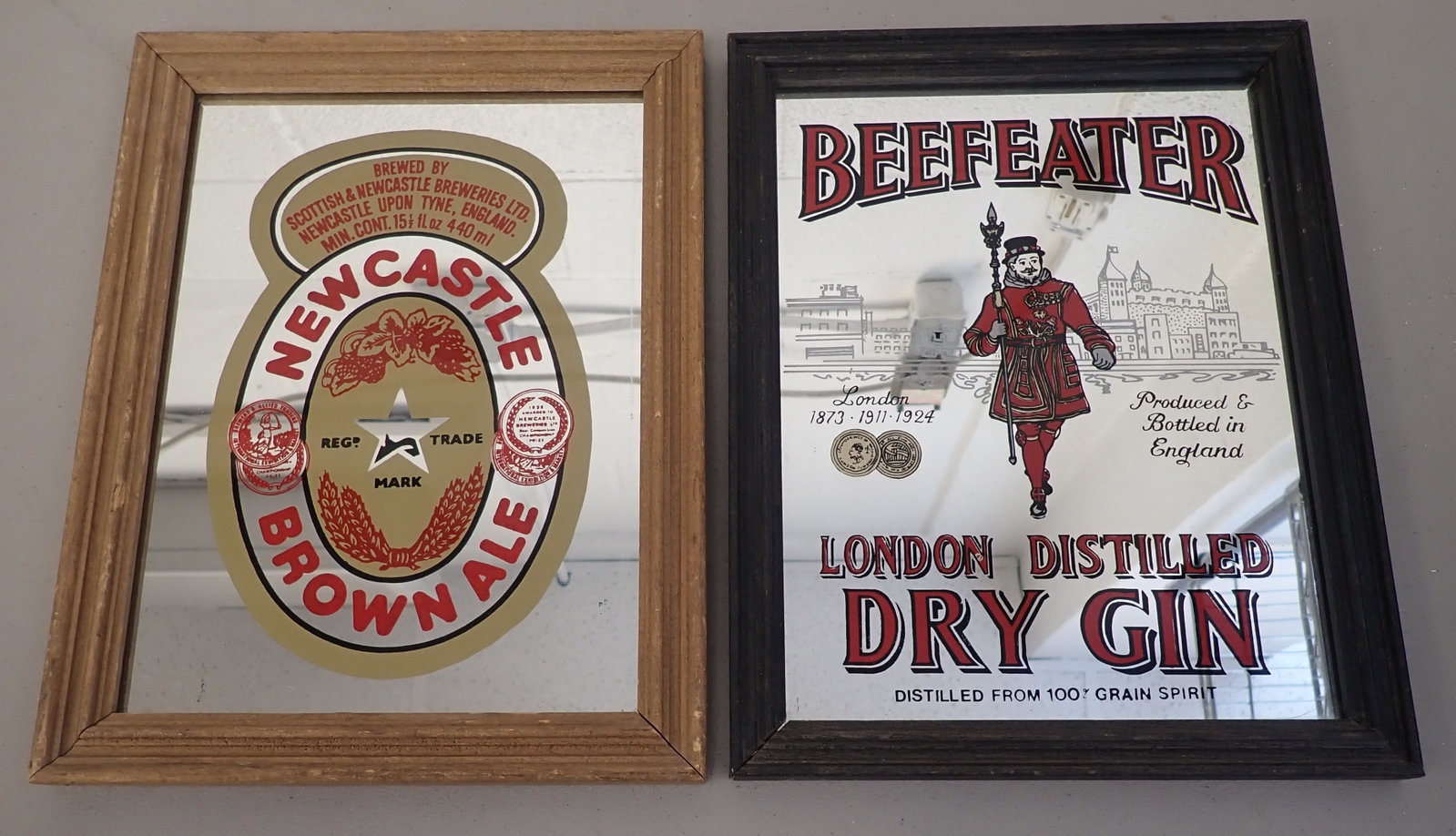 Beefeater Gin & New Castle Brown Ale Mirrored Bar Signs: Approx 10 3/8" x 13 1/4". Shipping available