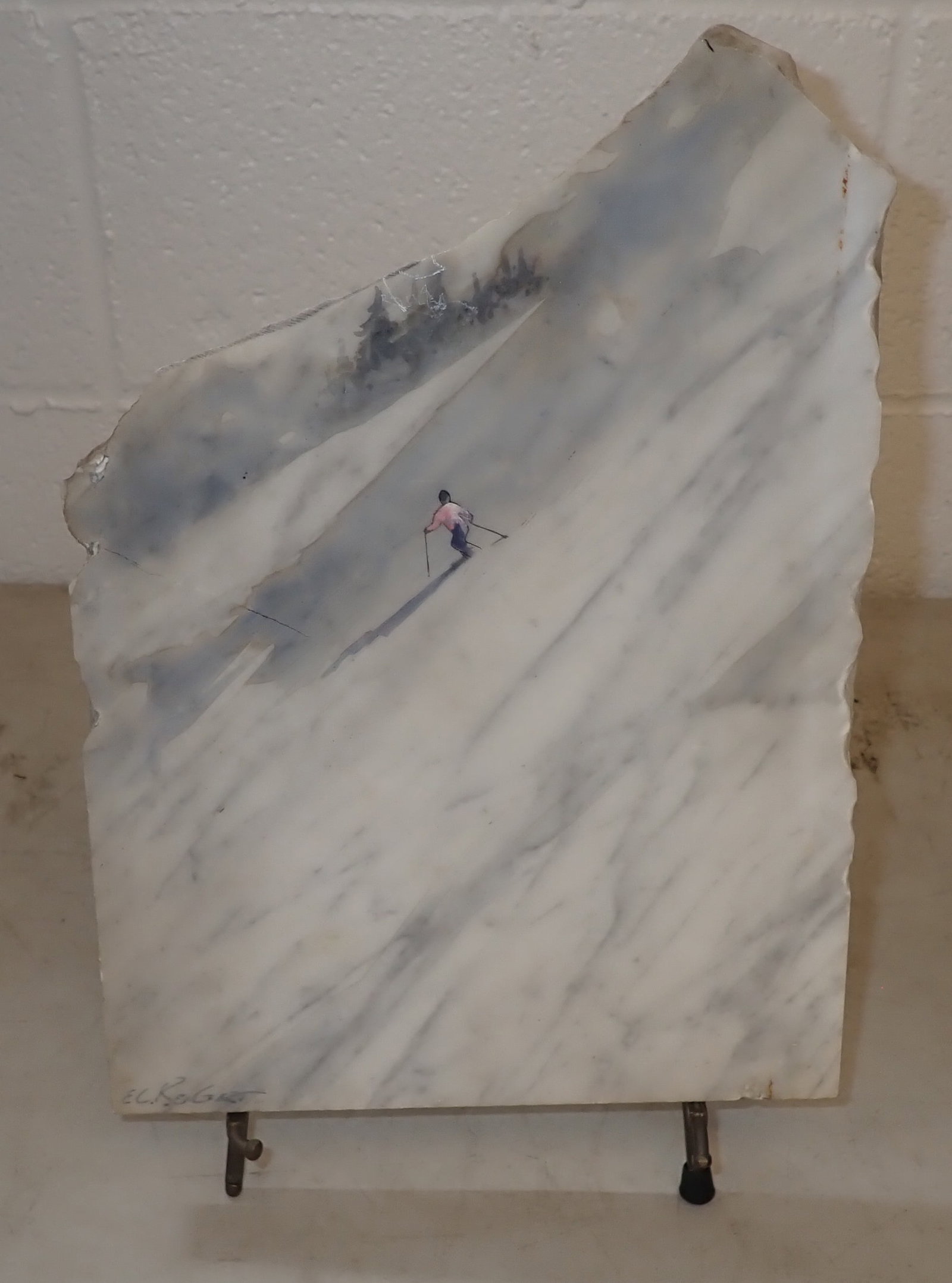 Signed Painting on Marble of Skier w/ Brass Easel (1 of 4)