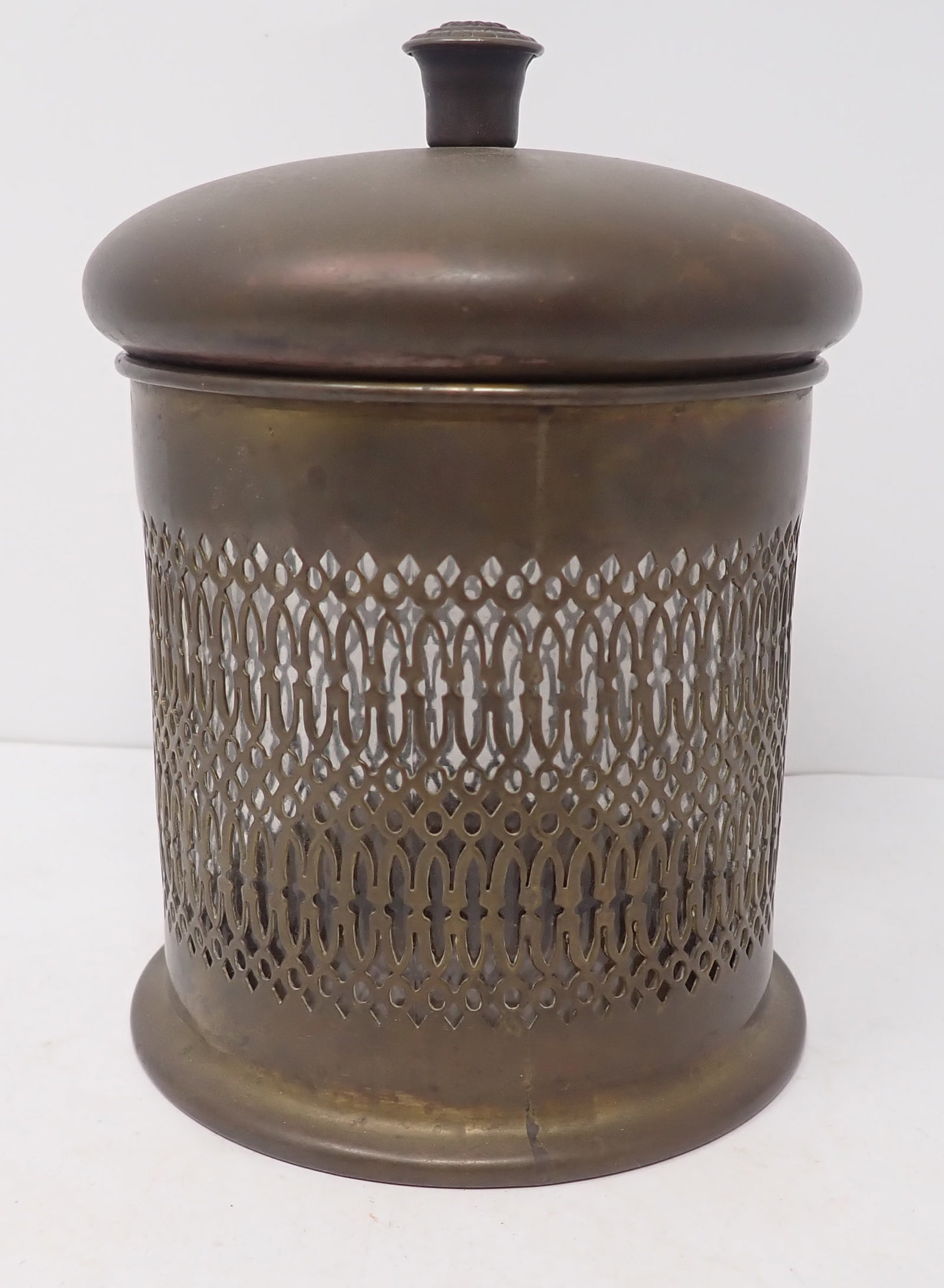 Pierced Brass Jar: Apprx 4 3/4" in diameter and 6 1/2" tall. Shipping available