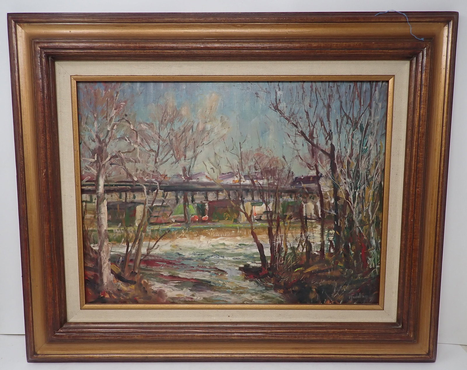 Signed Oil on Board Bridge Scene Oil Painting: Approx 17 7/8" x 21 3/4" . Shipping available ($30 handling charge, plus postage)