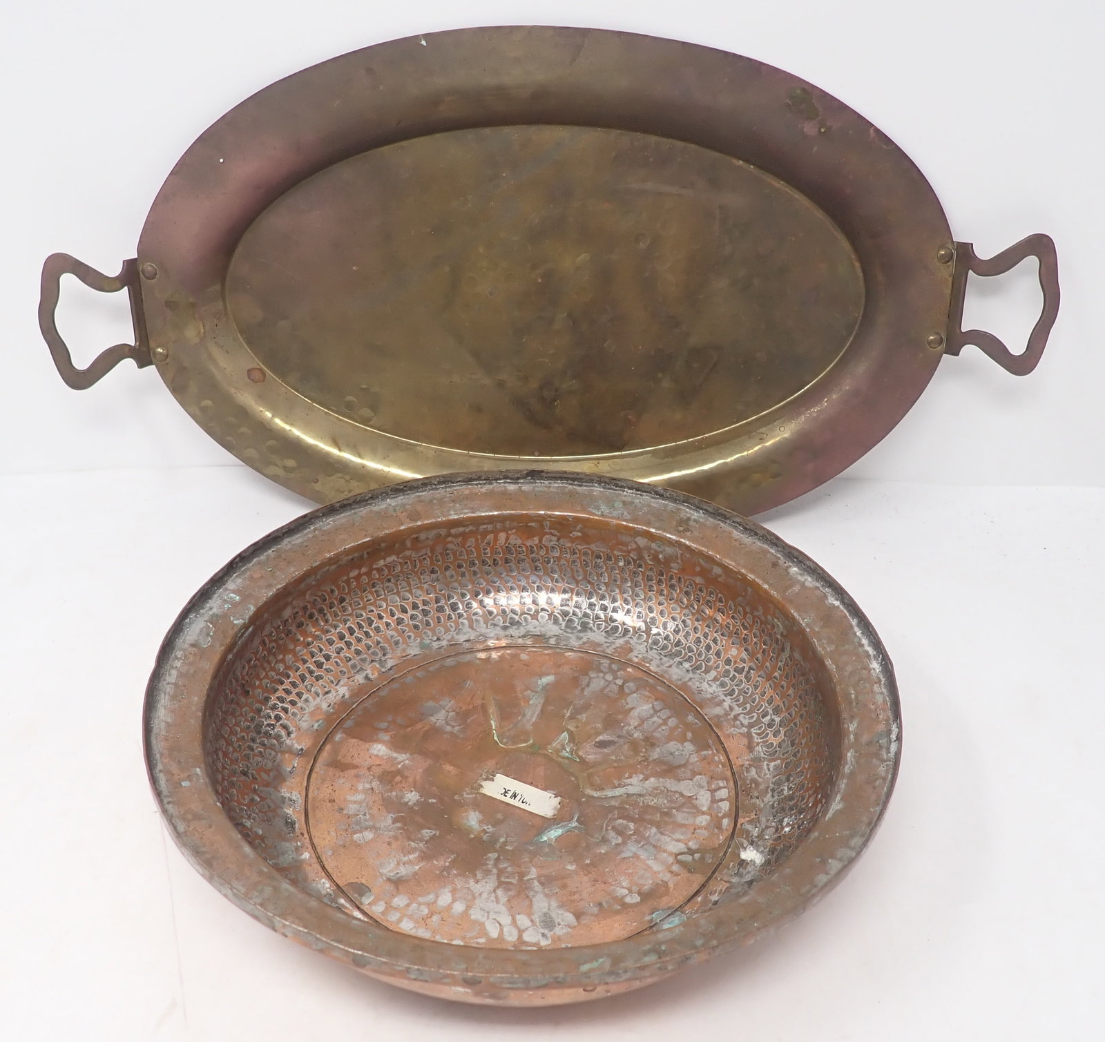 Hammered Copper Bowl & Brass Tray: Bowl is approx 9 1/4" in diameter and 2 1/4" tall. Shipping available