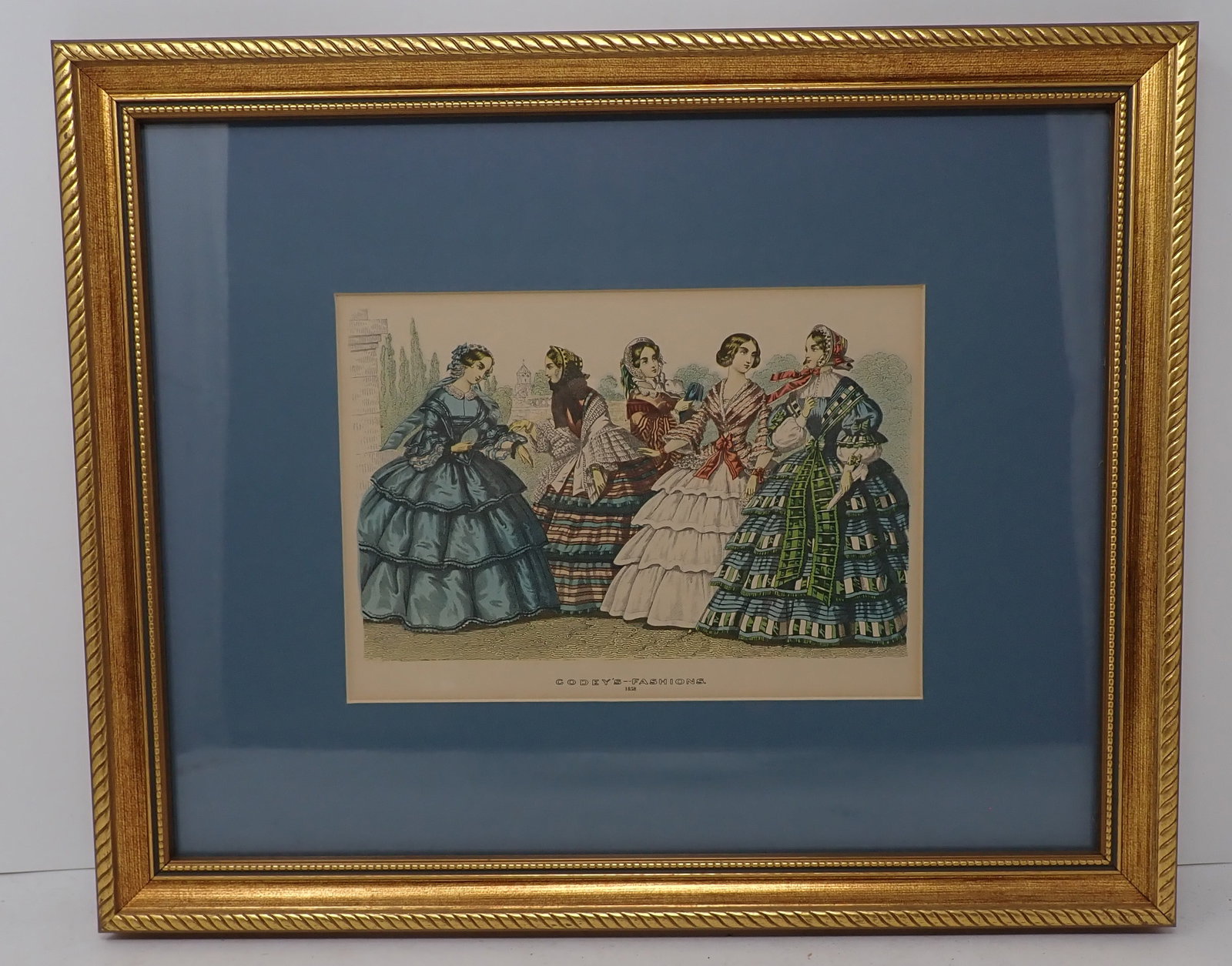 1858 Godey's Fashion Hand Colored Lithograph: Approx 12 5/8" x 15 3/4". Shipping available ($20 handling charge, plus postage)