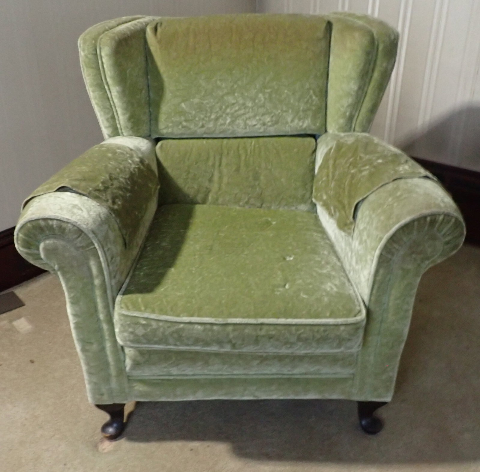 Easton Furniture Co. Upholstered Arm Chair: Apprx 36" wide, 16" to seat, 24" deep, 34 3/4" tall. No in house shipping ! Bring help to remove !
