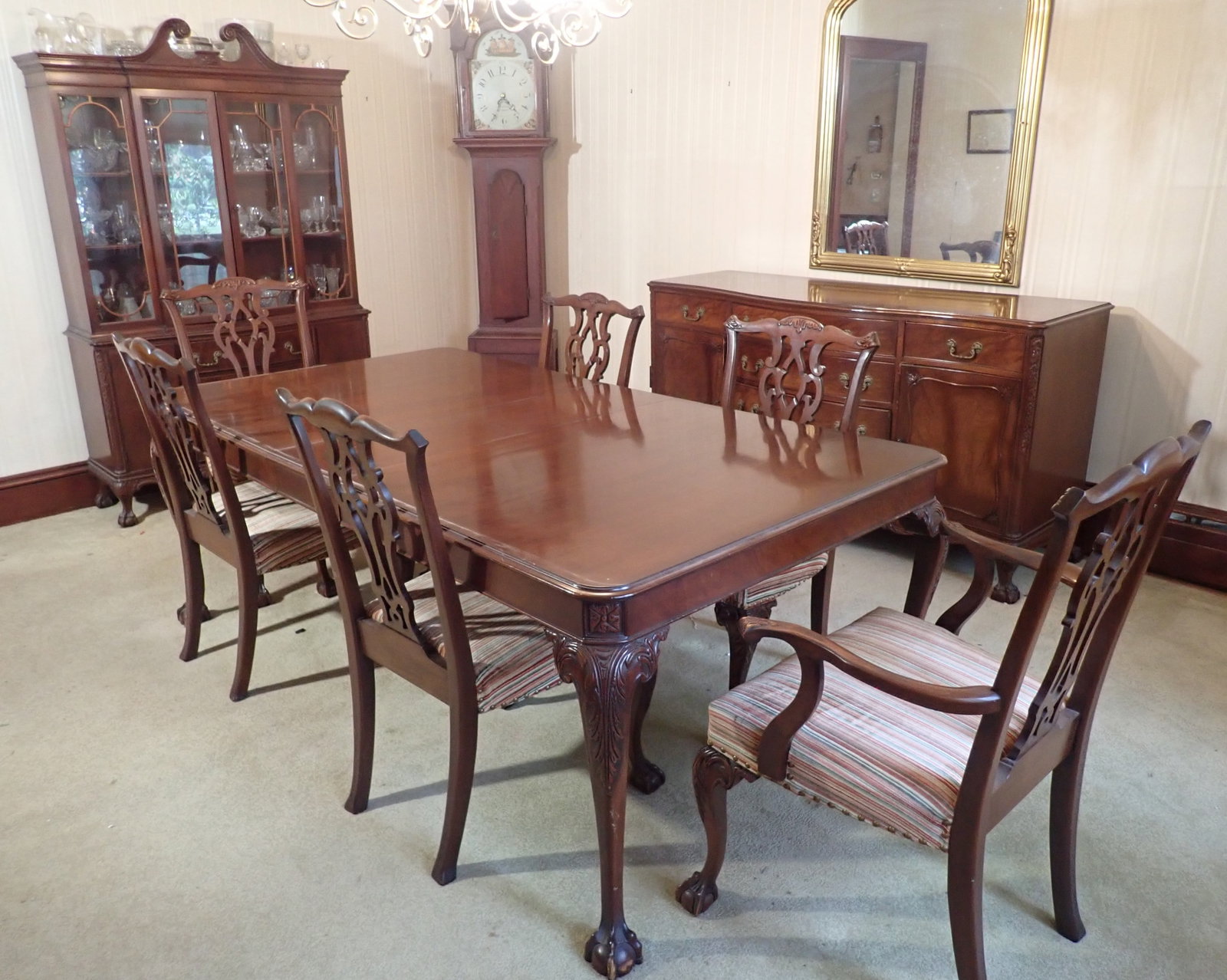 Van Sciver 10pc Chippendale Dining Room Set: Pick up AFTER 3pm only ! Bring proper help to remove ! Set includes One piece China Closet ( 15 1/2" x 48" x 75 3/4" tall ) , sideboard ( 23" x 65 1/2" x 36 1/4" tall) , 3 Drawer Chest ( 21" x 38" x