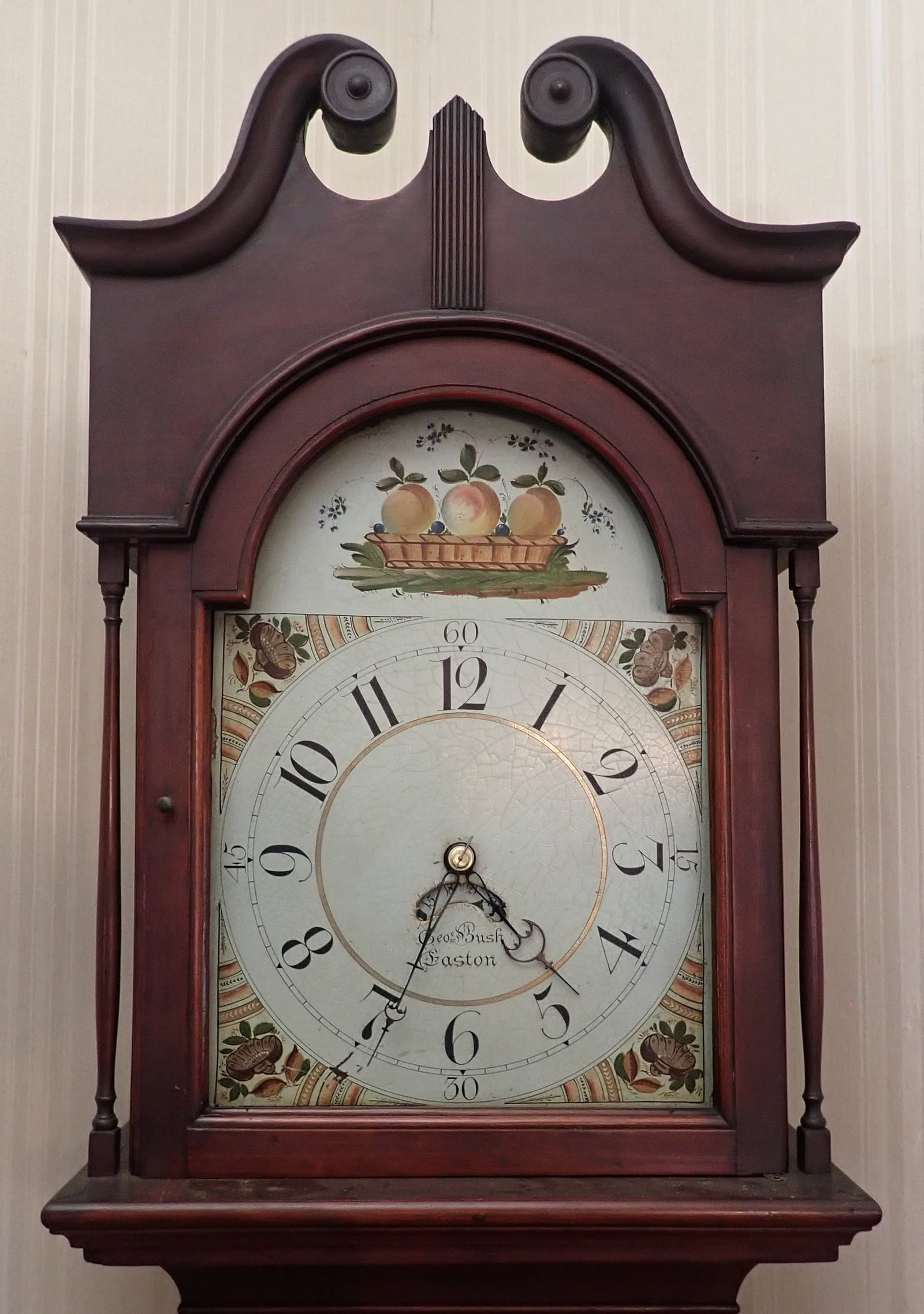 1800's George Bush Easton Pa Grandfather Clock: Approx 9 1/2" x 18" x 86 1/2" tall. No in house shipping ! Bring help to remove !