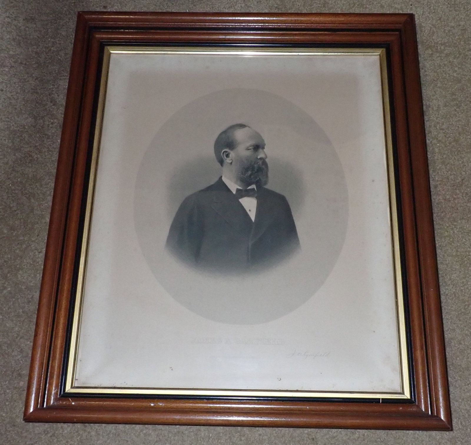 James Garfield Signed Portrait: Approx 22 1/2" x 26 1/2". No in house shipping ! Part of an estate collection. Signature has not been authenticated. Sold as pictured, with no guarantees