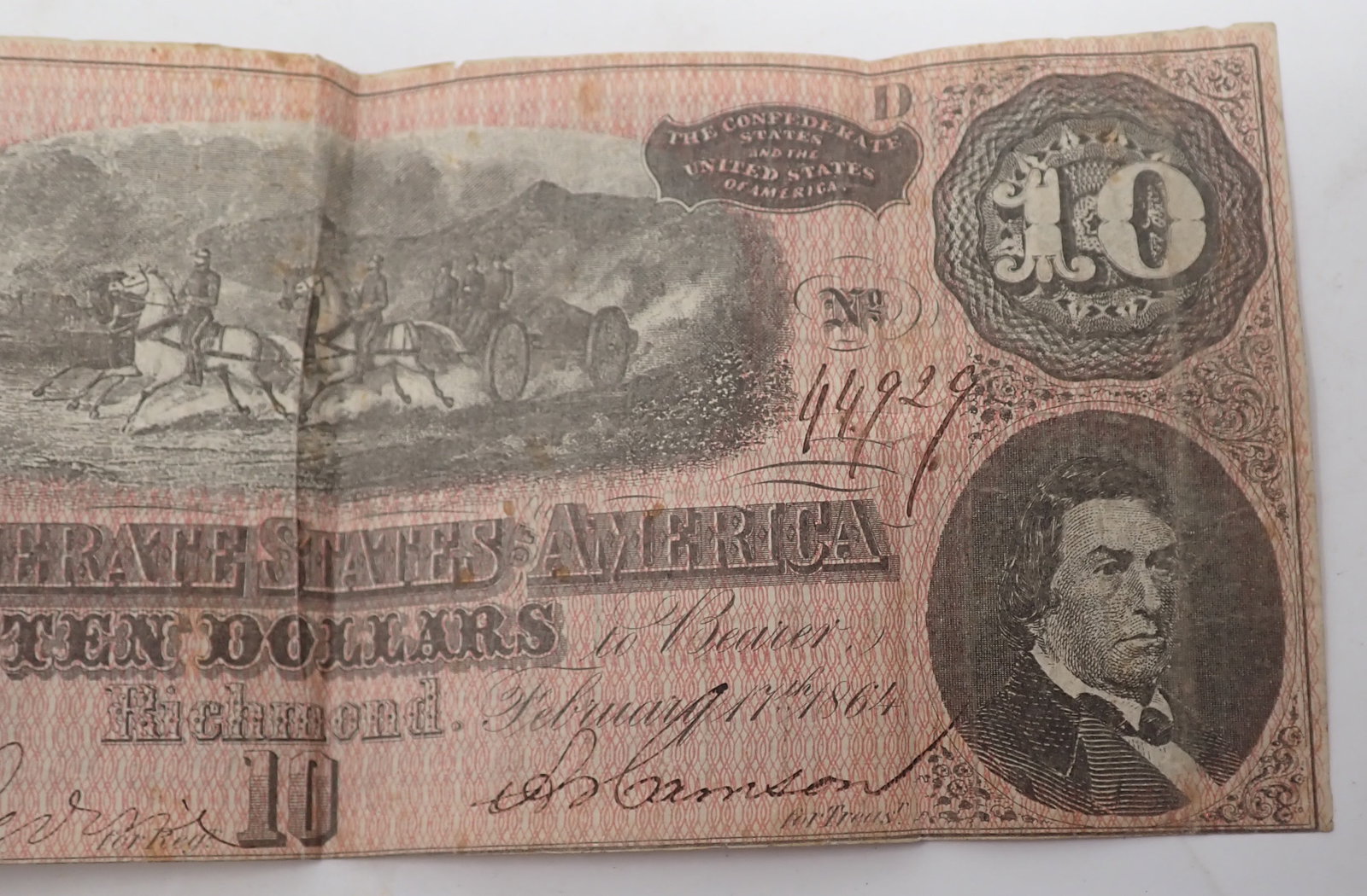 1864 $10 Confederate Note - 2