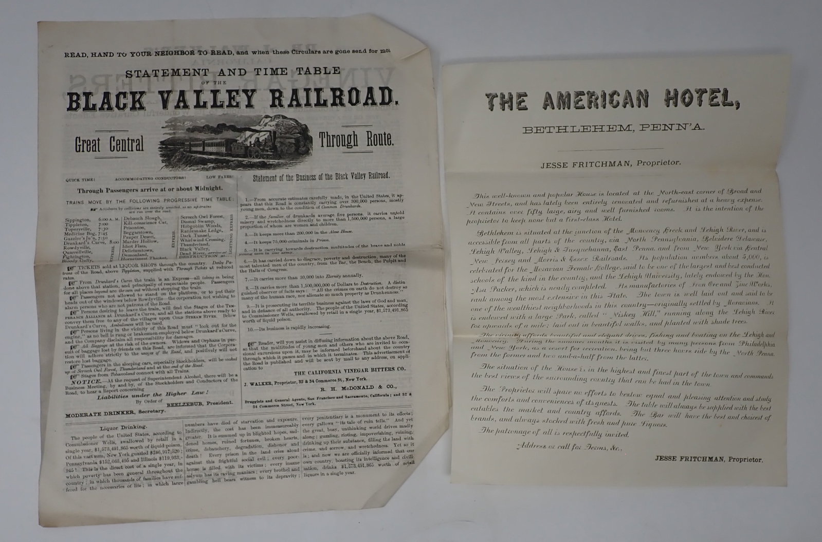 American Hotel Bethlehem Pa & Black Valley Railroad Ephemera (1 of 7)