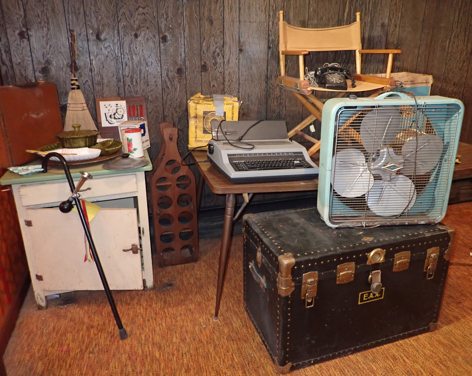 Typewriter , Rotary Phone, West Bend Coffee Maker & Misc: Lot does not include the table. Buyer to remove from the basement. No in house shipping !