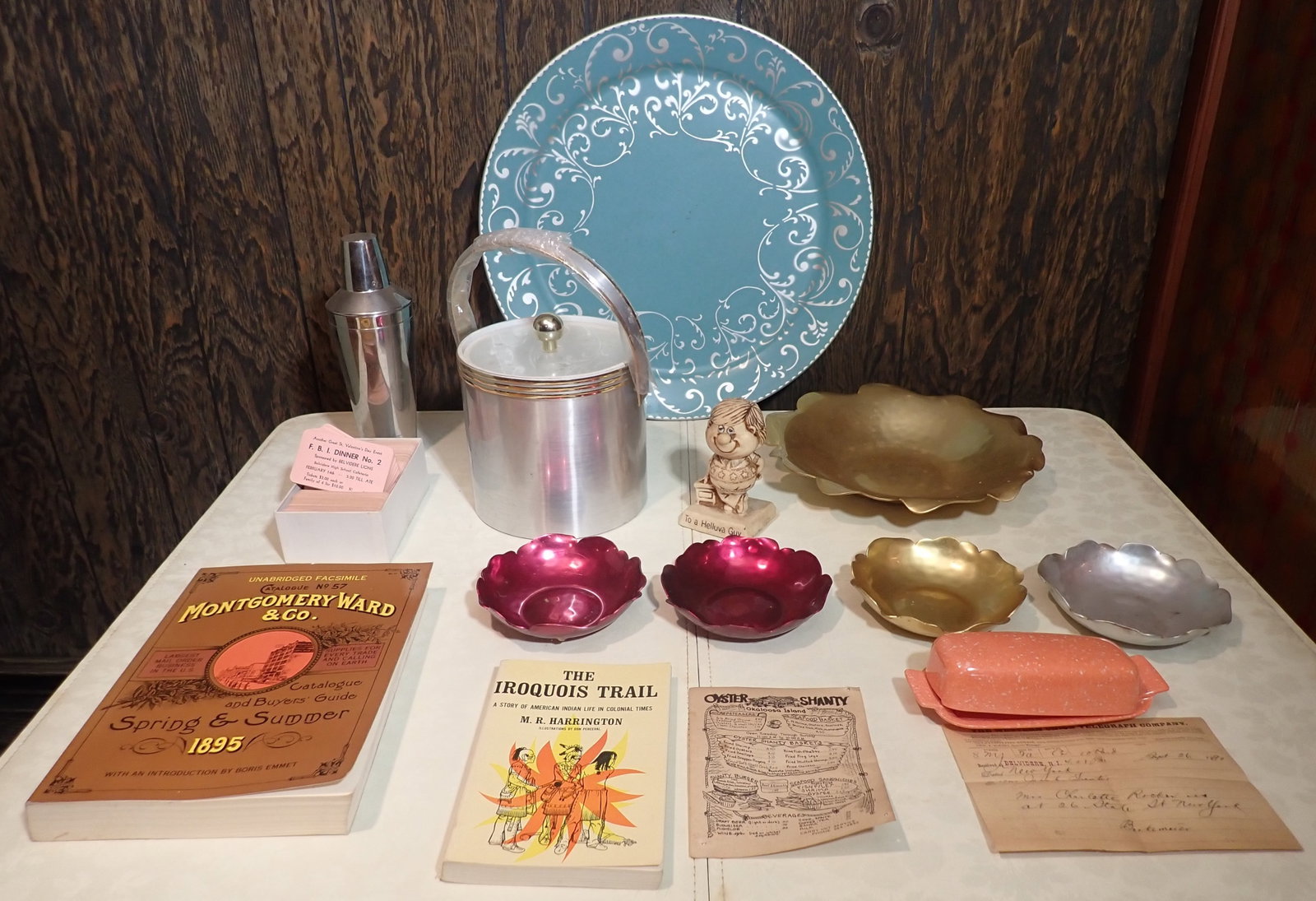 Vintage Butter Dish , Tray , Ice Bucket & Misc: Large tray is approx 19" in diameter. No in house shipping ! Buyer to remove from basement
