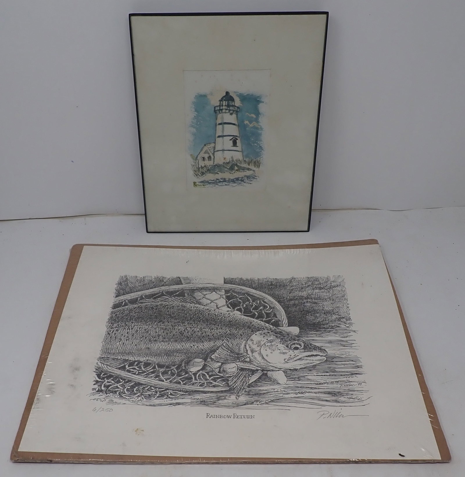 Rollie Lighthouse Watercolor & Trout Print: Framed watercolor is approx 8 1/8" x 10 1/8". Shipping available