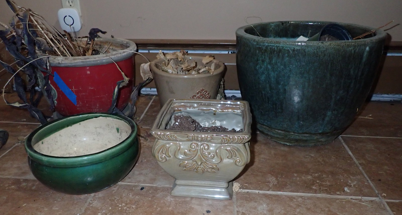 5 Pottery Planters: Largest is apprx 15" in diameter and 11 3/4" tall. No in house shipping !