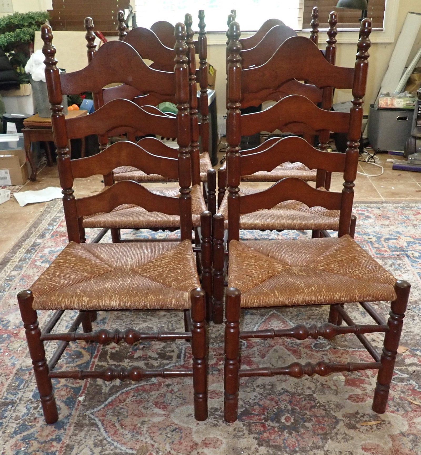 Set of 6 Ladderback Chairs w/ Rush Seats: Approx 20 1/4" wide, 18" to seat, 16" deep, and 44 3/4" tall. No in house shipping !
