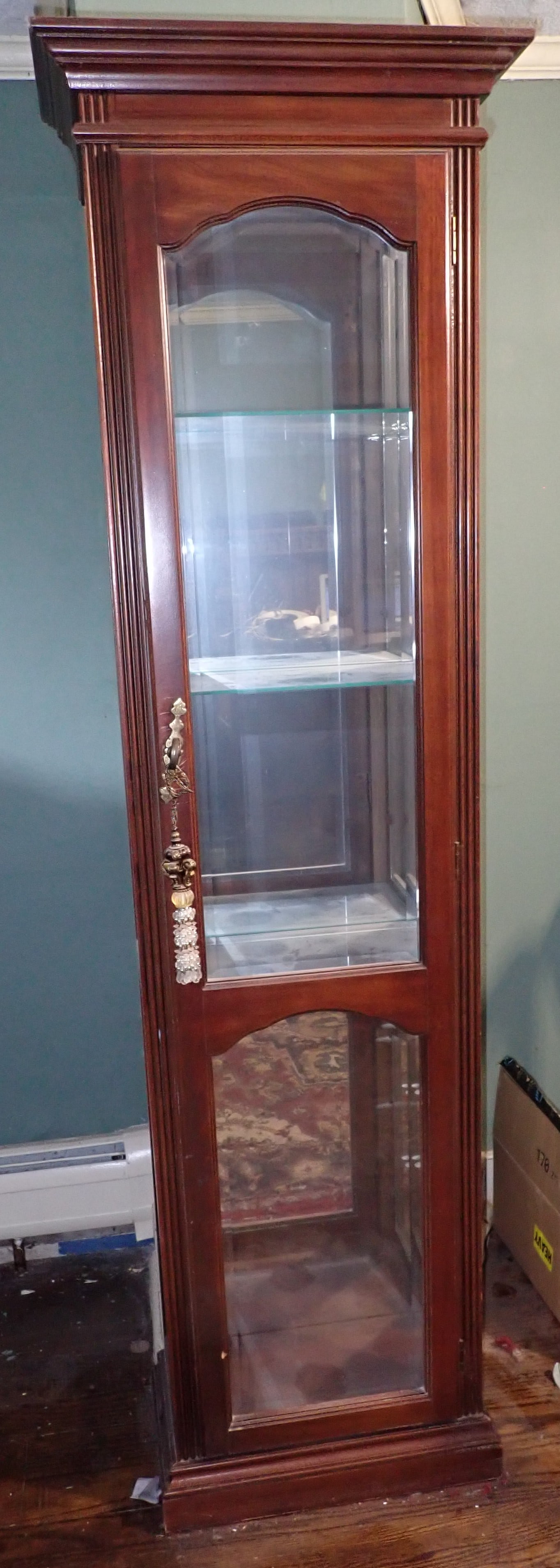 Curio Cabinet w/ Mirrored Back & Light: Approx 12" x 22" x 76 1/4" tall. No in house shipping ! Bring help to load .