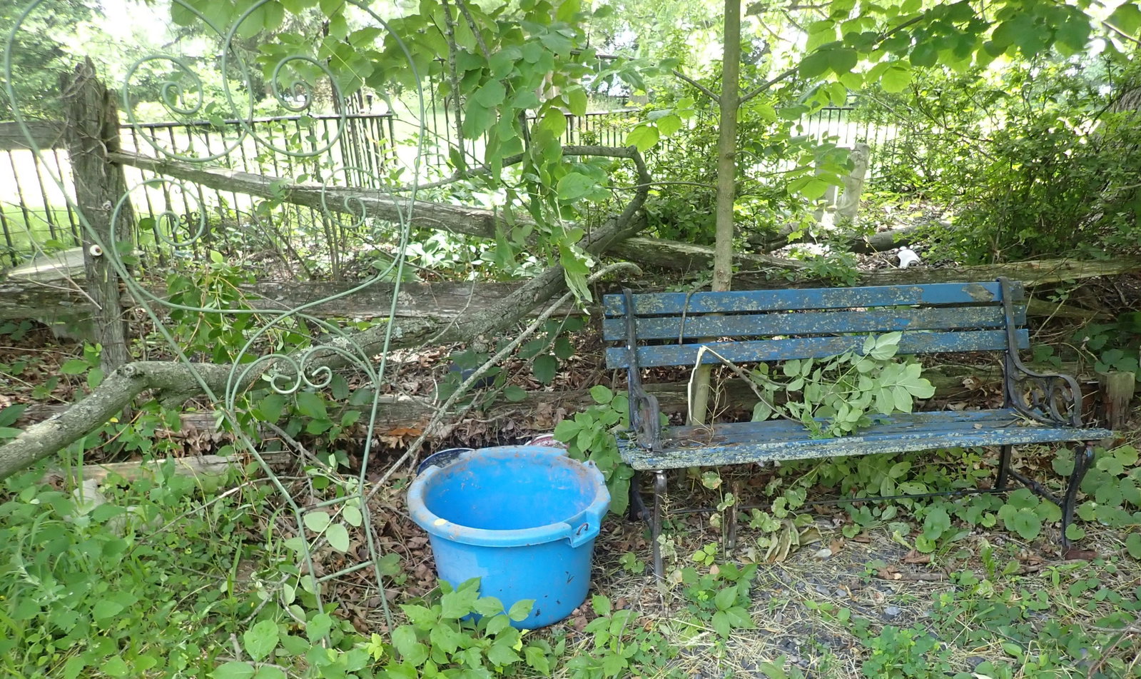 Garden Benchin Blue Paint, Tub, & Garden Trellis: Bench is apprx 48" long. No in house shipping !