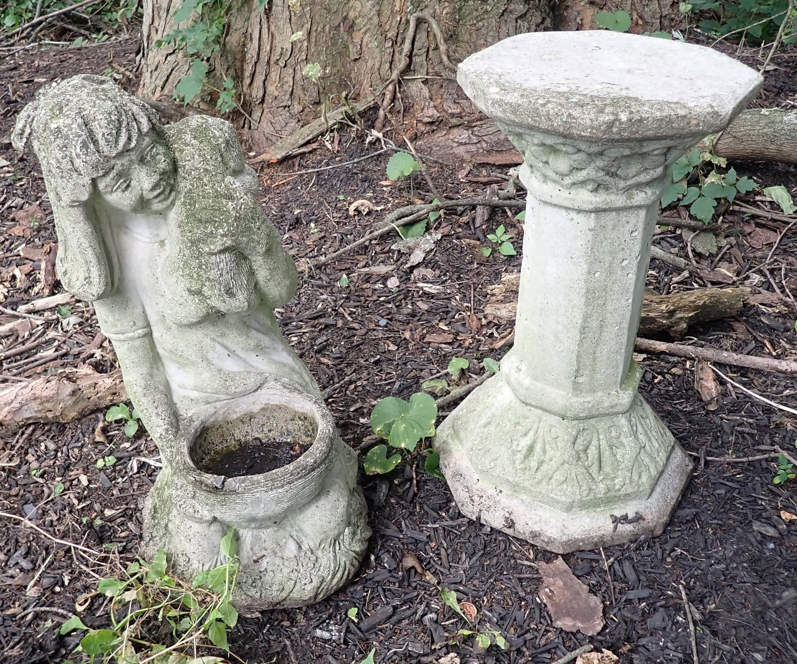 Concrete Garden Pedestal & Girl w/ Puppy: Pedestal is approx 11" in diameter and 18 1/2" tall. No in house shipping !