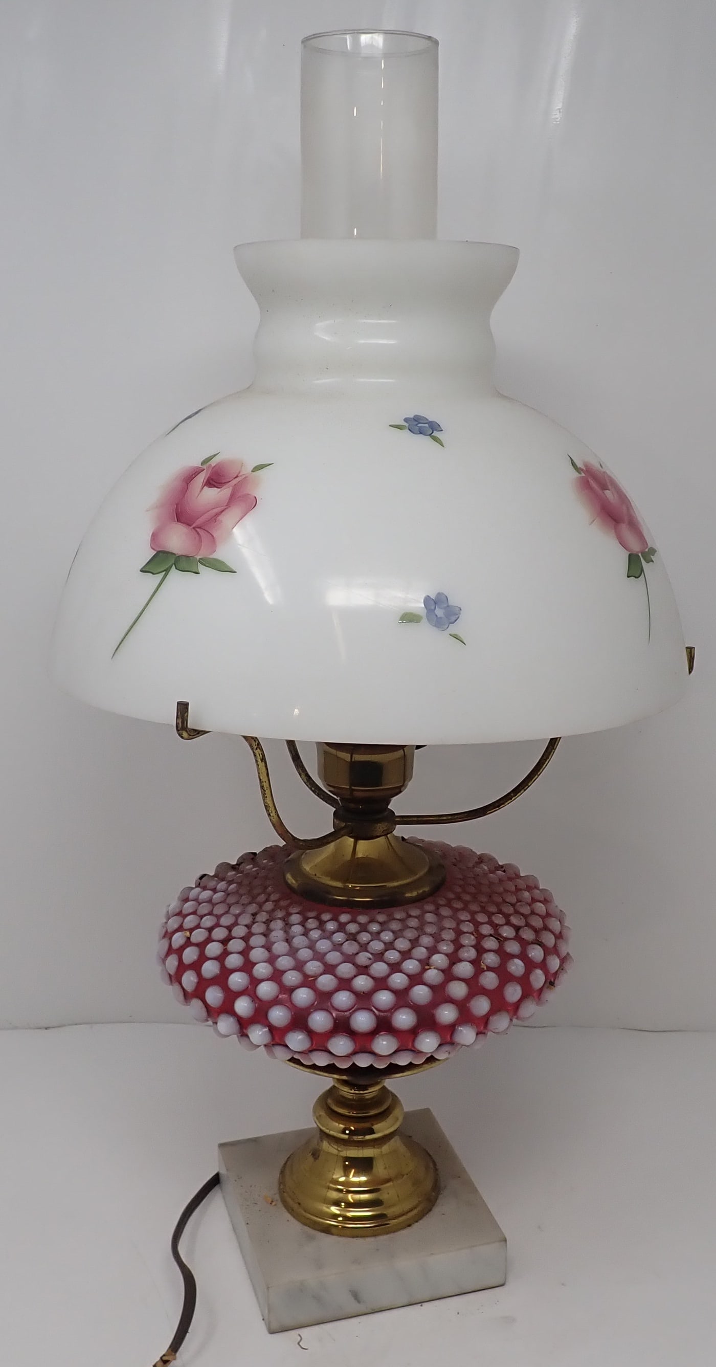 Fenton Hobnail Table Lamp w/ Floral Shade: Approx 16 3/4" tall to top of shade. Shipping available ($30 handling charge, plus postage)