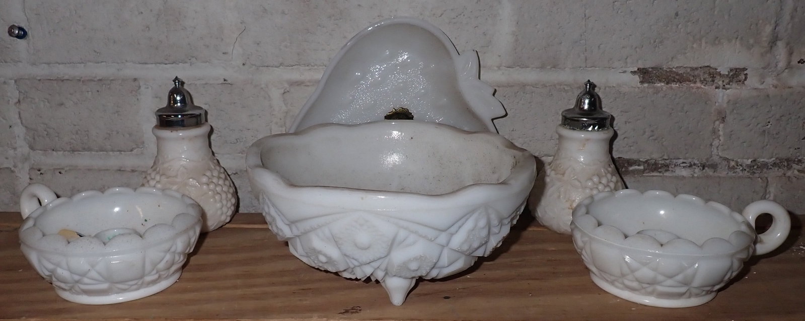 Milk Glass Candle Holders , Bowl , Shakers , Hazel Atlas Strawberry Dish (1 of 4)