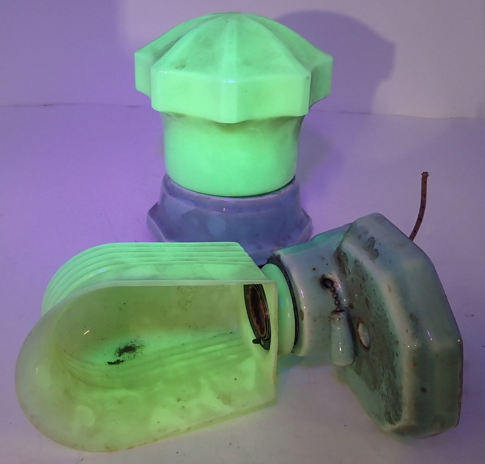 2 Efcolite Durock Fixtures w/ Uranium Glass Shades: Front Lamp fixture is marked Efcolite . Back one is approx 6 3/4" tall. Shipping available
