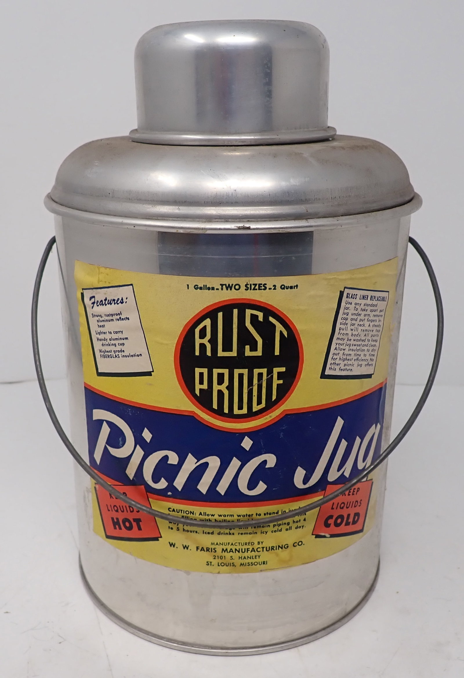 Faris Aluminum Picnic Jug: Approx 6 3/8" in diameter and 10 1/4" tall. Shipping available
