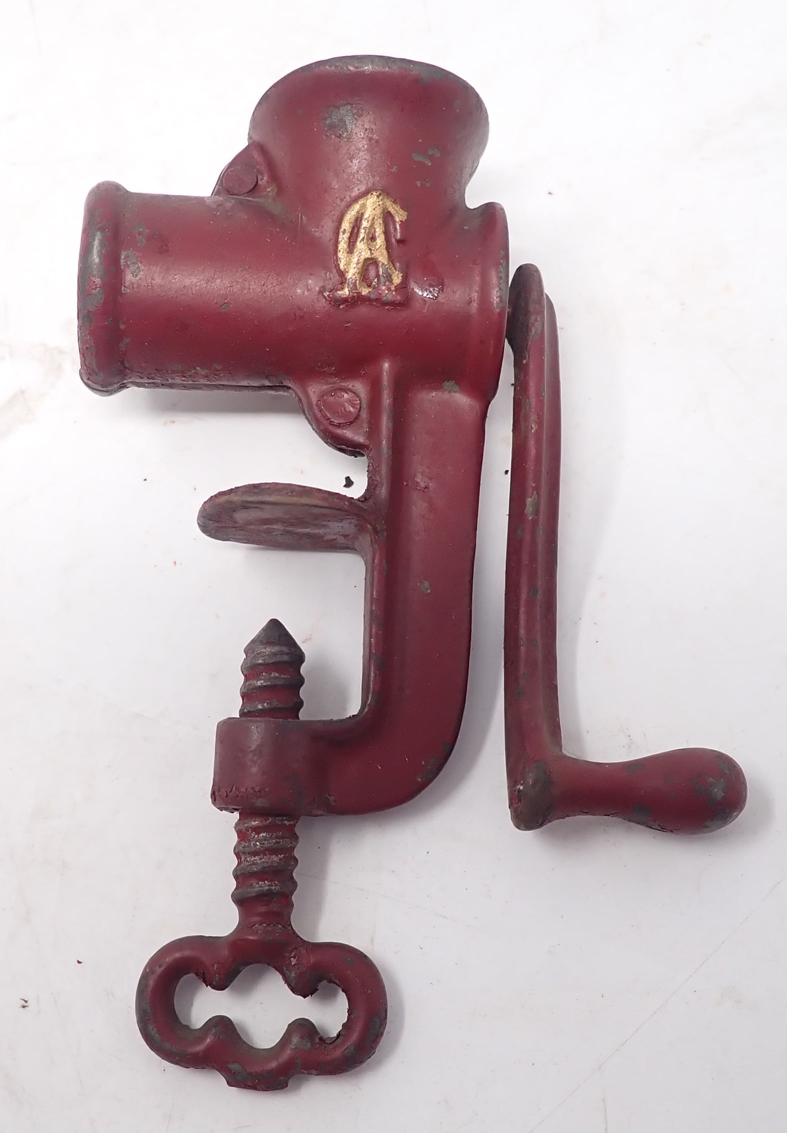 Miniature Clamp on Meat Grinder in Red Paint: Approx 5 1/2" long. Shipping available